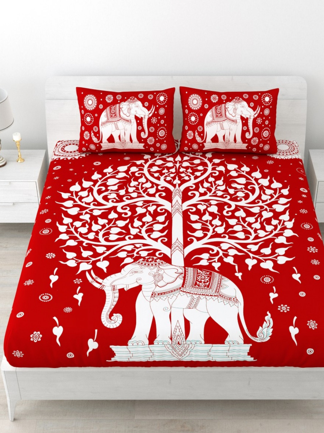Lali Prints Red Ethnic Motifs 180 TC Cotton Double Queen Bedsheet with 2 Pillow Covers