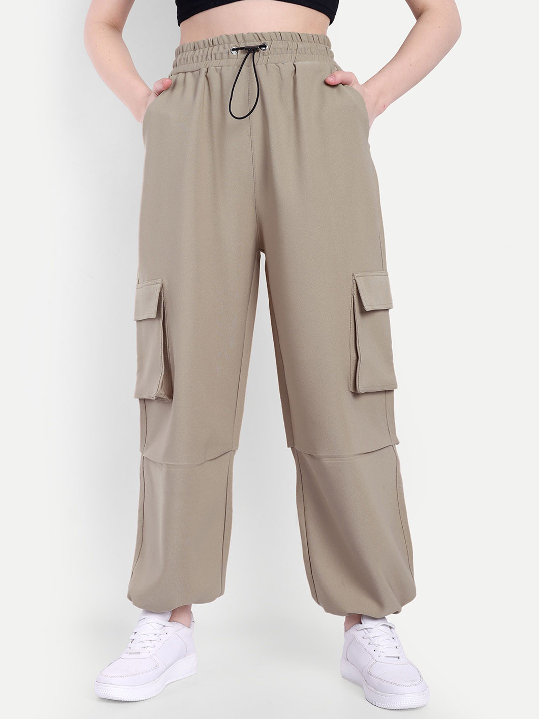 BROADSTAR  Beige Baggy High Rise Cargo Track Pants