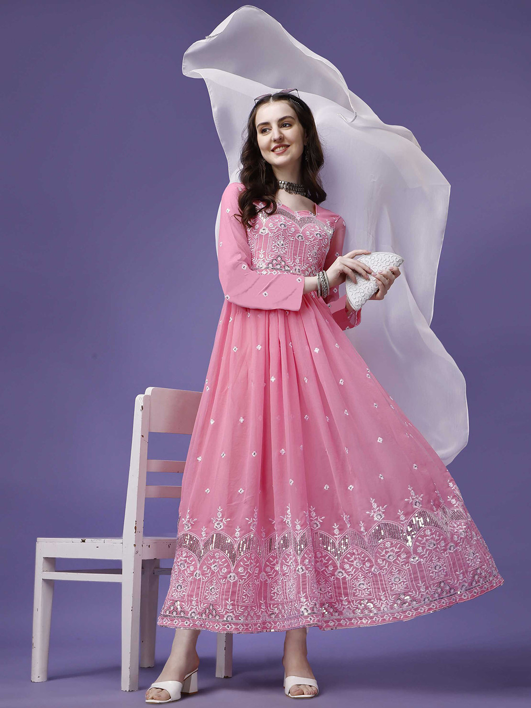 Kedar Fab Geometric Embroidered Sweetheart Neck Gown Maxi Ethnic Dress With Dupatta