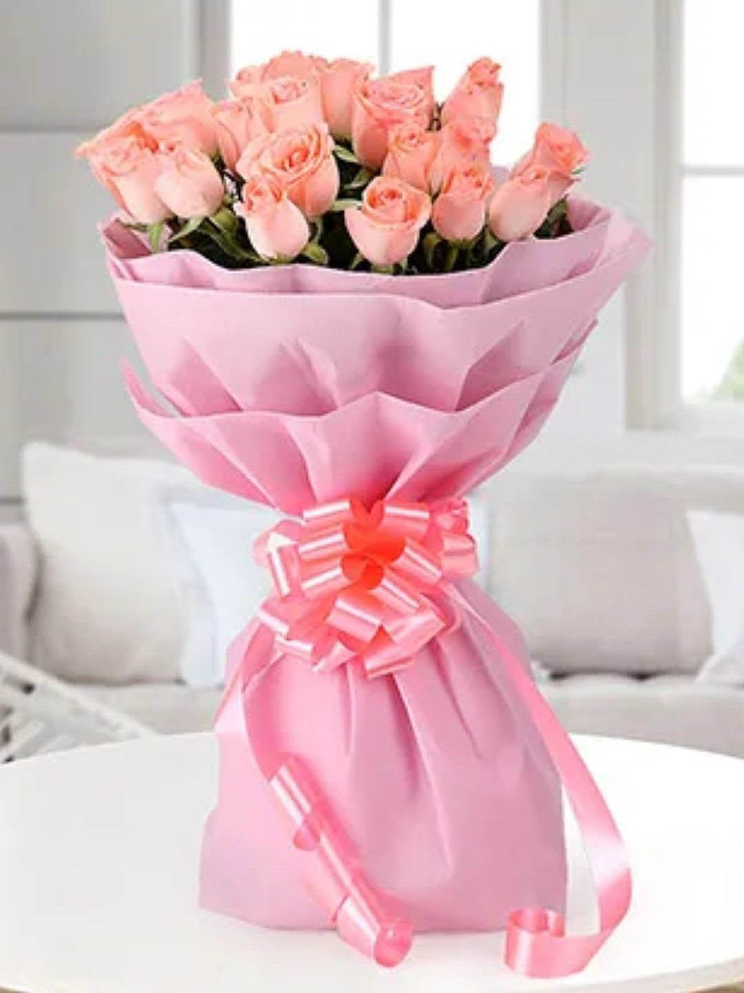 fnp Pink & Green 20 Pieces Roses Fresh Flowers Non Woven Paper Bouquet