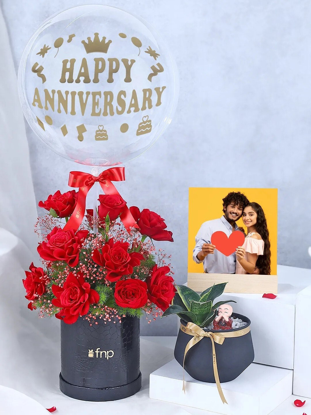 fnp Red 10 Pcs Roses 2 Pcs Gypso 2 Pcs Ping Pong & 1 Pcs Oasis Fresh Flowers In Box