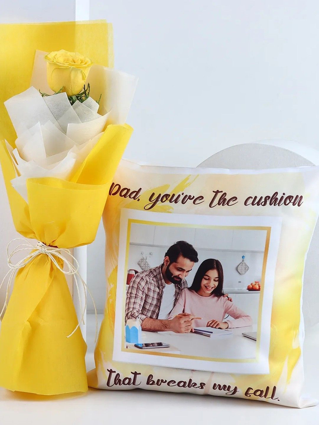 fnp Yellow & White 5 Pieces Fathers Day Cushion & Rose Gift Set
