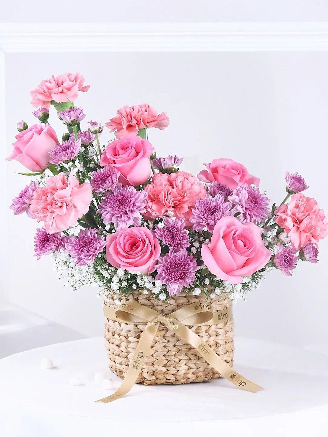 fnp Pink & Purple 12 Poeces Roses & Carnation Flowers Basket