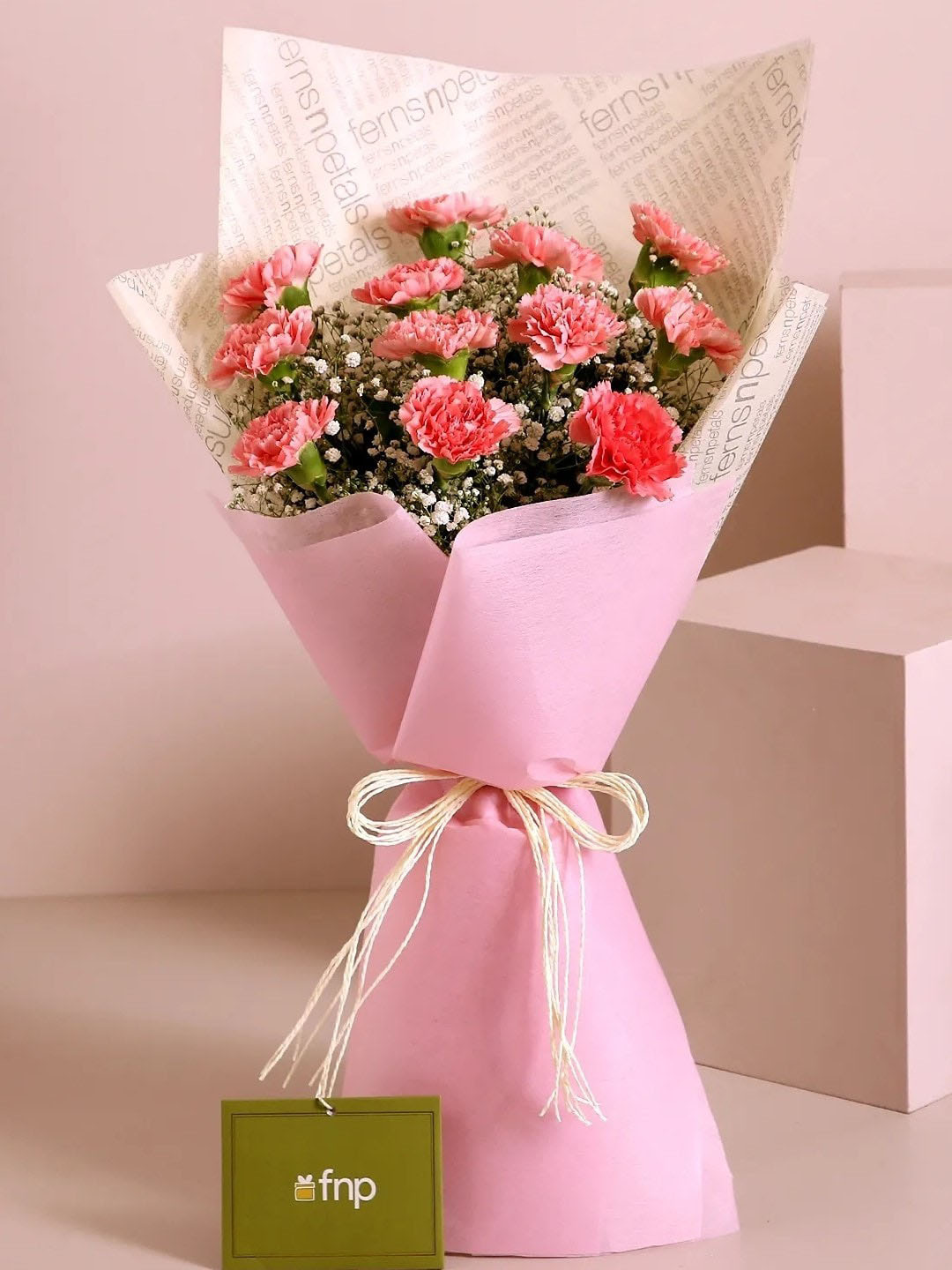 fnp Pink & Green 12 Pieces Carnations Fresh Flowers In Bouquet