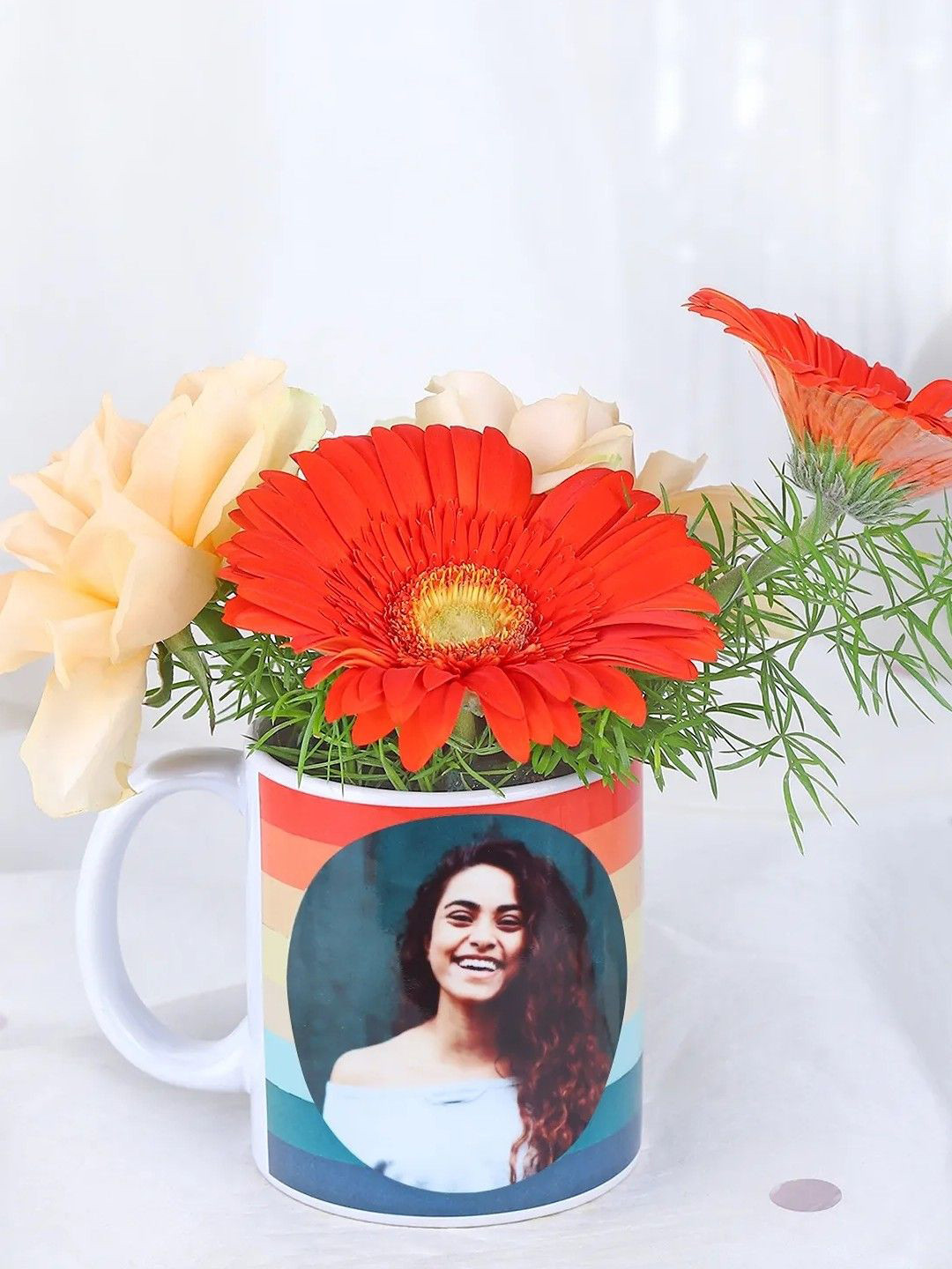 fnp Red & Yellow 2 Pcs Roses 2 Pcs Oasis 1 Pcs Asparagus Fillers Fresh Flowers Mug