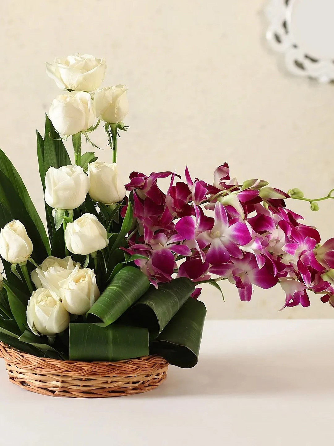fnp White & Purple 18 Pieces Orchids Fresh Flowers Basket