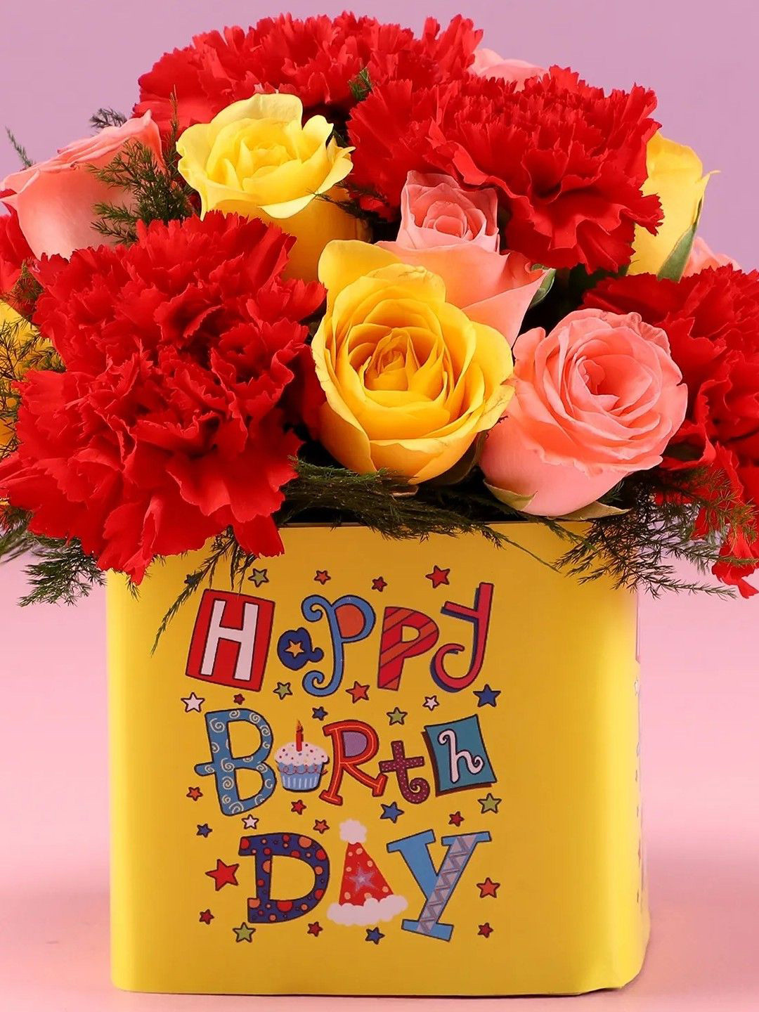 fnp  21-Pcs Pink & Yellow Roses Carnations Fresh Flowers Vase