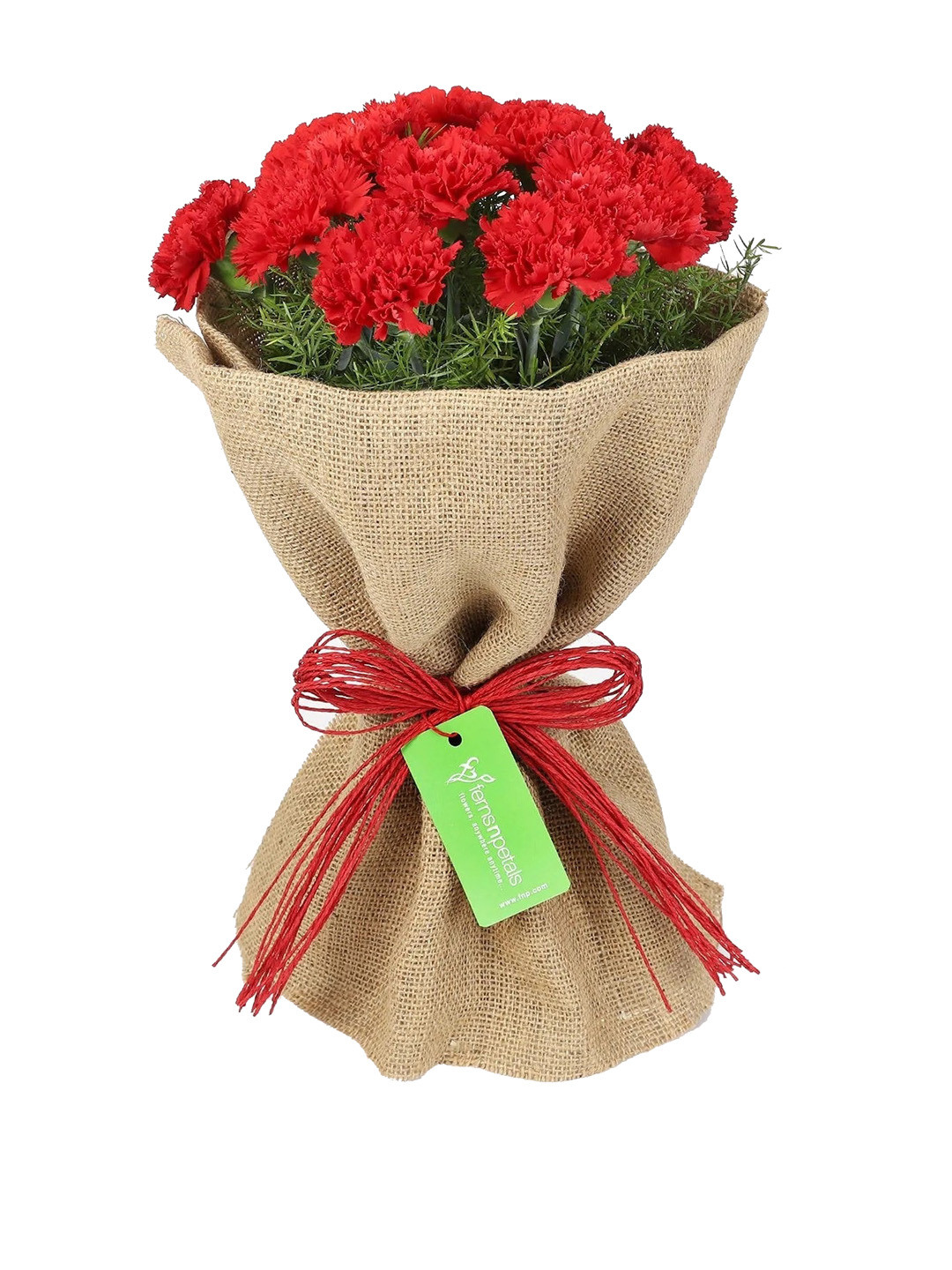 fnp Red 12 Pieces Carnations Fresh Flowers Jute Bouquet