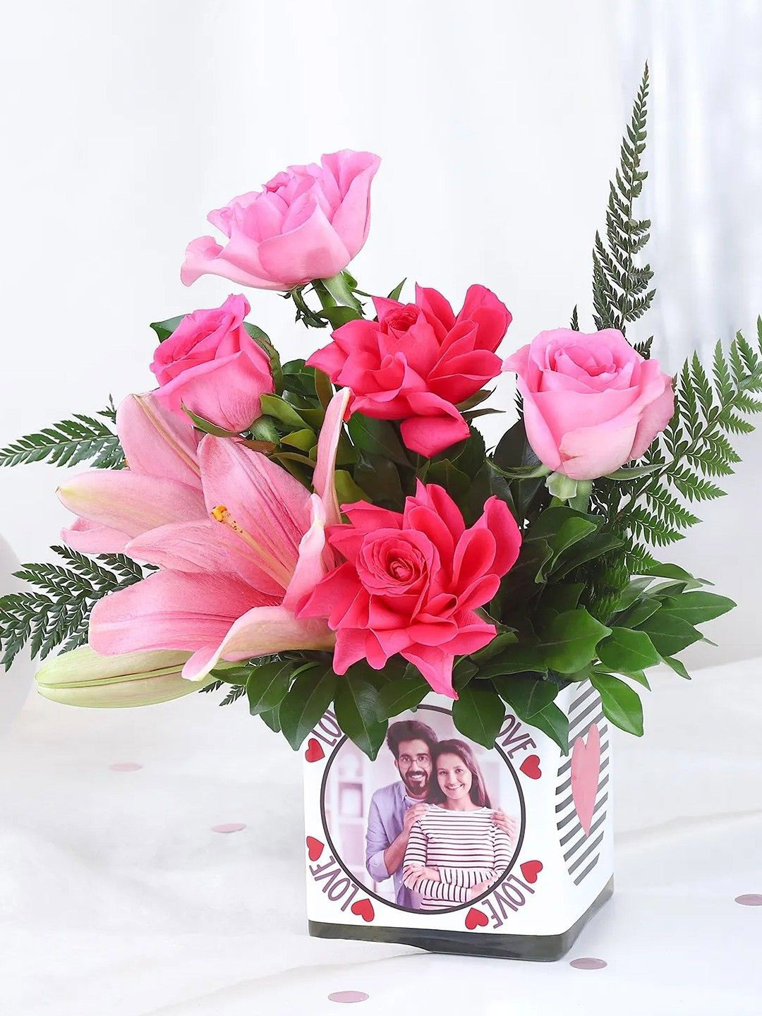 fnp Pink & Green 7 Pieces Roses & Lilies Fresh Flowers Bouquet