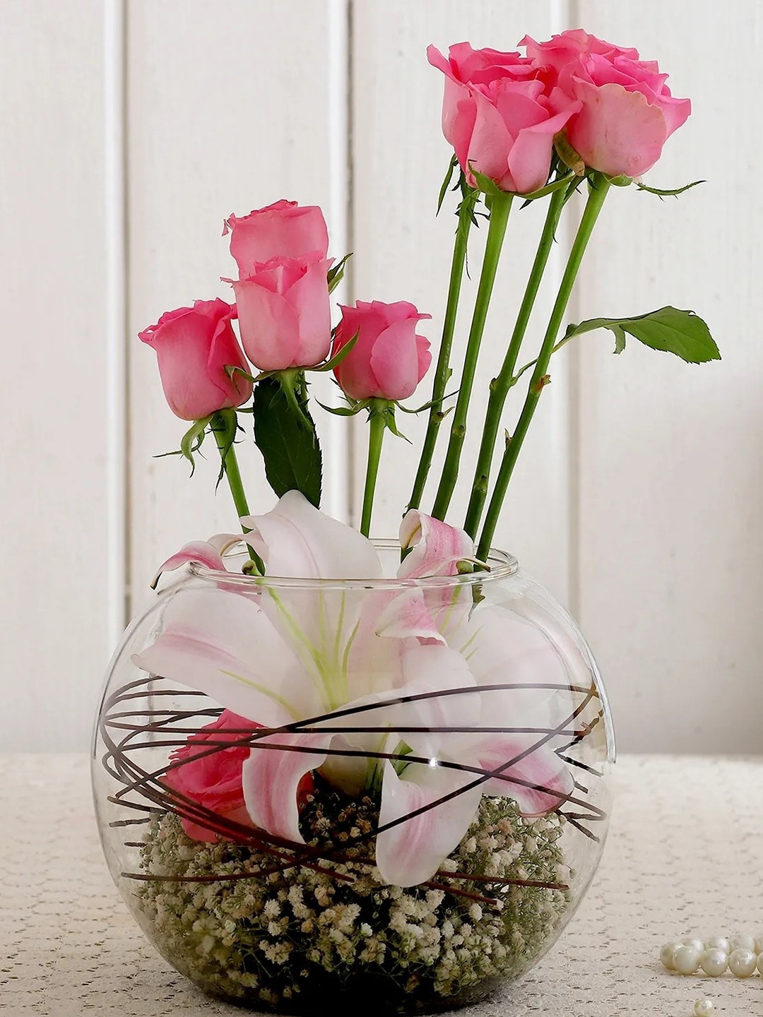 fnp Pink & Green 11 Pieces Roses & LIlies Fresh Flowers Vase Arrangement