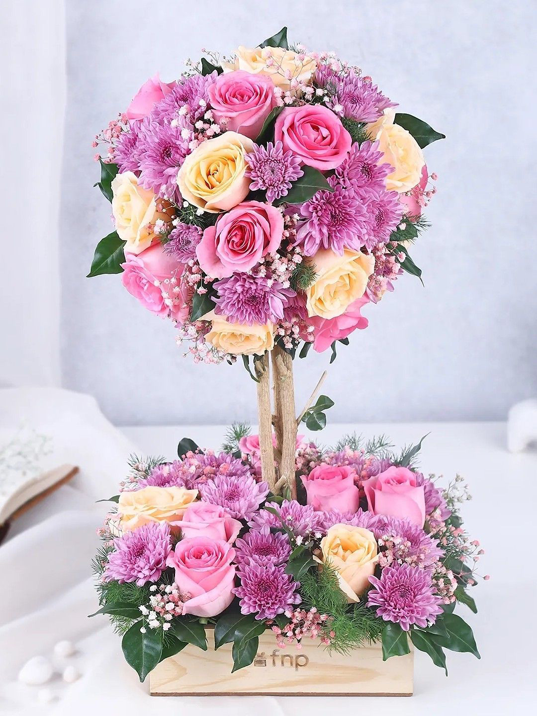 fnp Pink & Yellow 35 Pieces Roses Fresh Flowers Wooden Crate