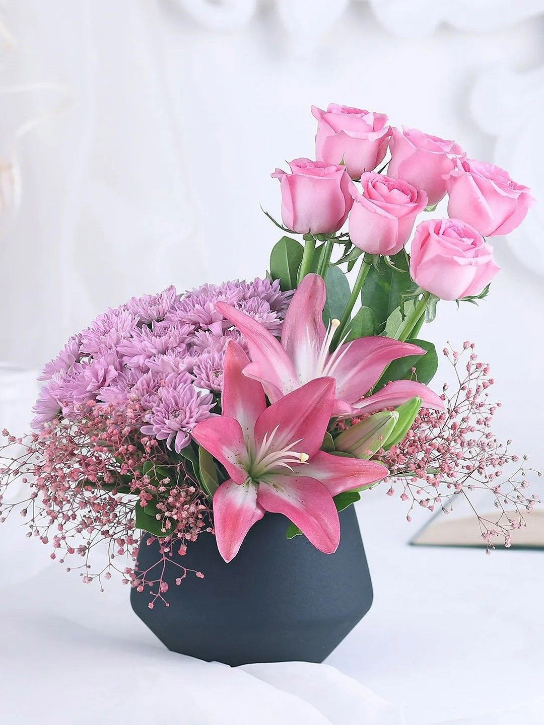 fnp Pink 9 Pieces Asiatic Lilies Purple Daisy Aqua Pink Rose Fresh Flowers