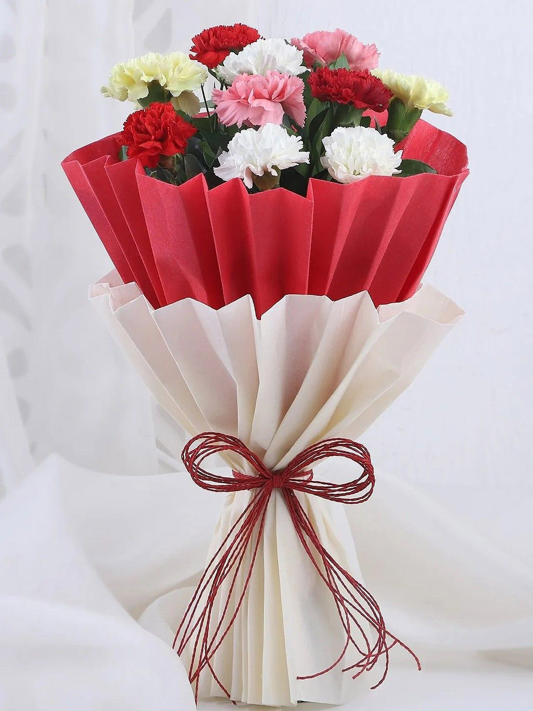 fnp White & Red 10 Pieces Carnation Fresh Flowers Bouquet