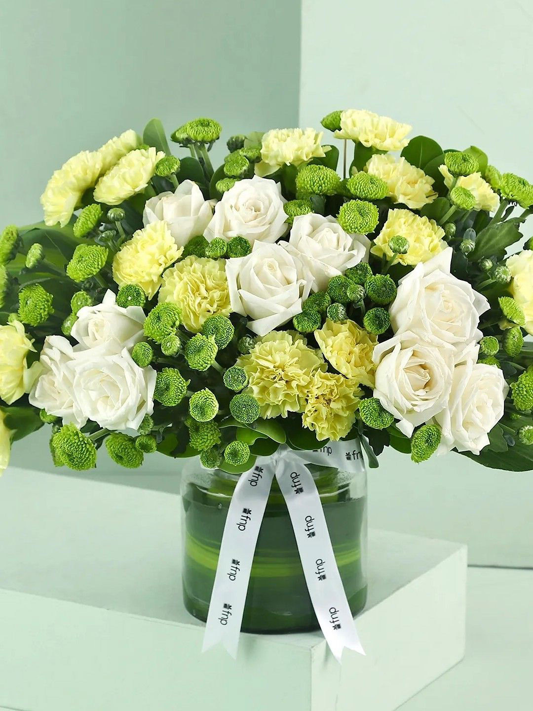 fnp White & Yellow 38Pieces Chrysanthemum  Carnations & Roses Fresh Flowers Glass Vase