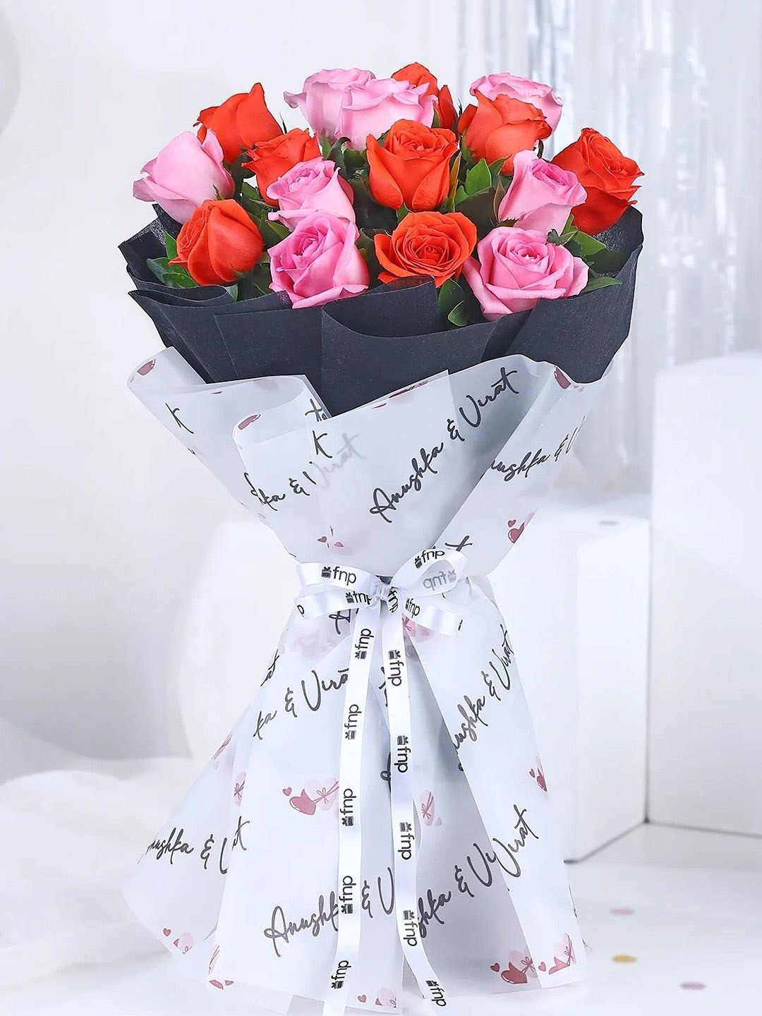 fnp Pink & Orange 15 Pieces Roses Fresh Flowers Bouquet