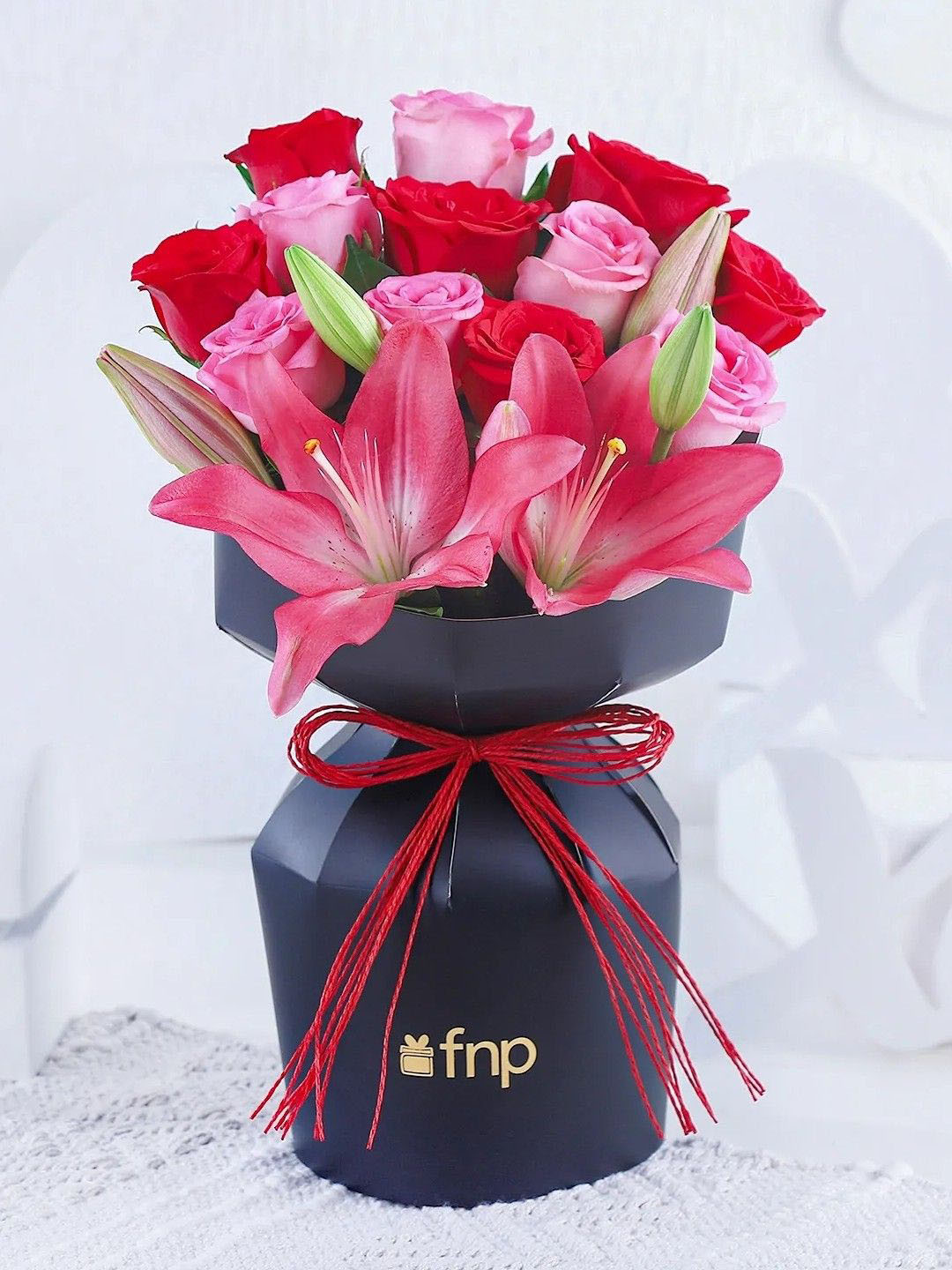 fnp Pink 14-Pcs Aqua Pink Roses Asiatic & Lilies Fresh Flowers Bouquet