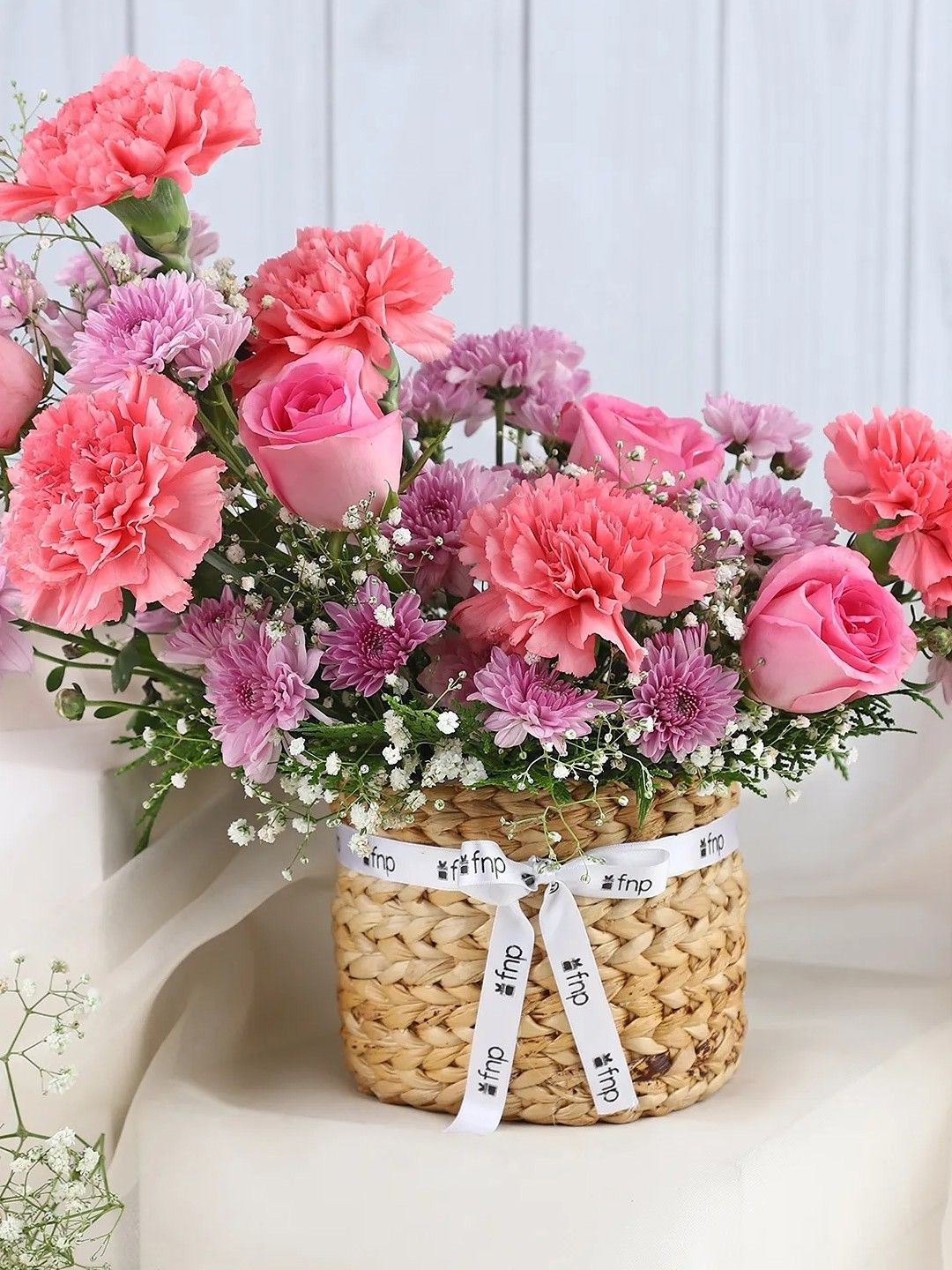 fnp Purple & Pink 12 Pcs Carnations, Daisy & Rose Fresh Flowers Basket