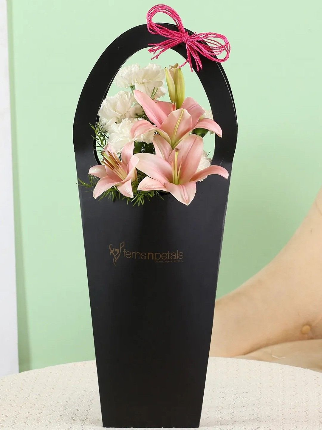 fnp Pink 5-Pcs Asiatic Lilies 1-Pcs White Carnations Fresh Flowers In Paper Sleeve Bag