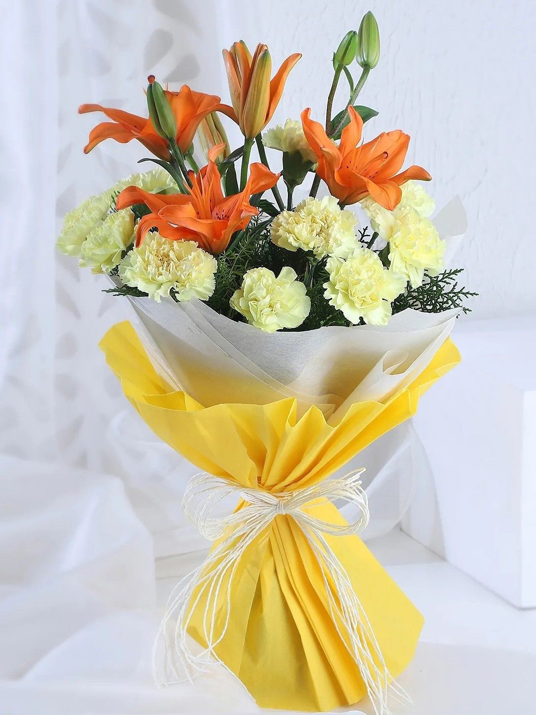 fnp12 pieces Orange Coloured Asiatic Lilies, Carnations  Fresh Flowers Bouquet