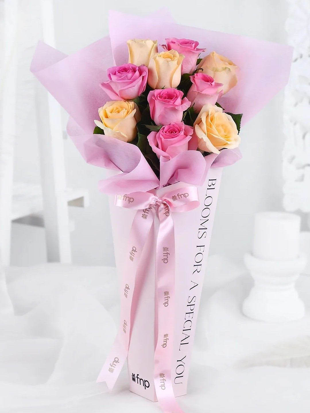 fnp Yellow & Pink 10 Pieces Rose Fresh Flowers Bouquet
