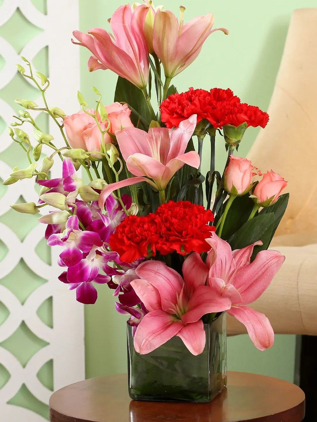 fnp Purple & Pink 19 Pieces Orchids Asiatic Lilies Roses & Carnation Fresh Flowers