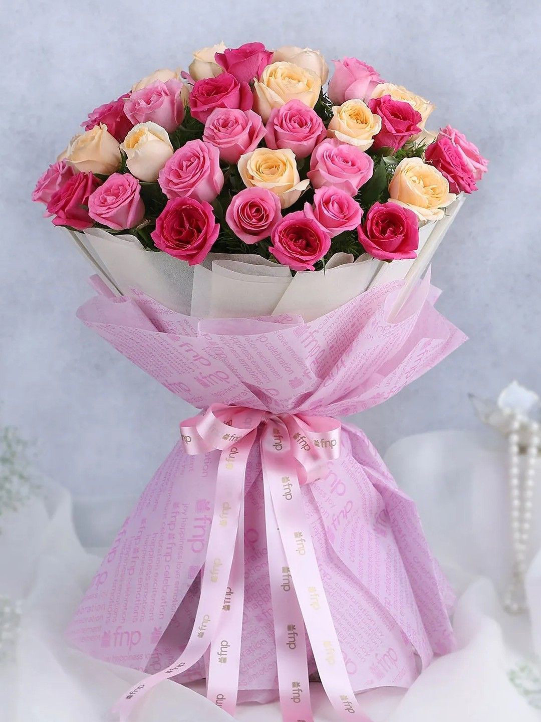 fnp Pink & Red 50 Pieces Roses Fresh Flowers Bouquet