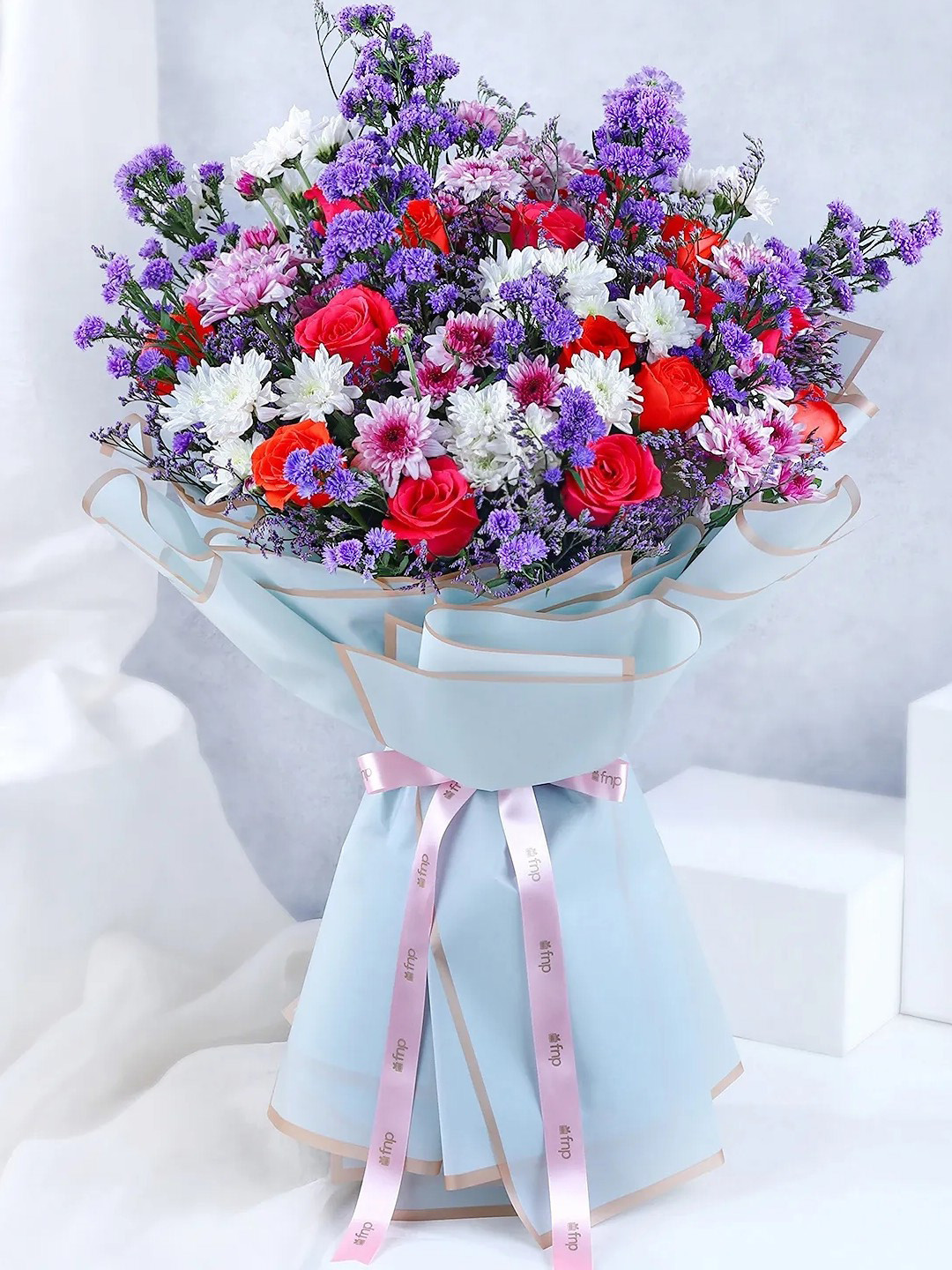 fnp White & Purple 29Pcs Mixed Fresh Flowers Bouquet