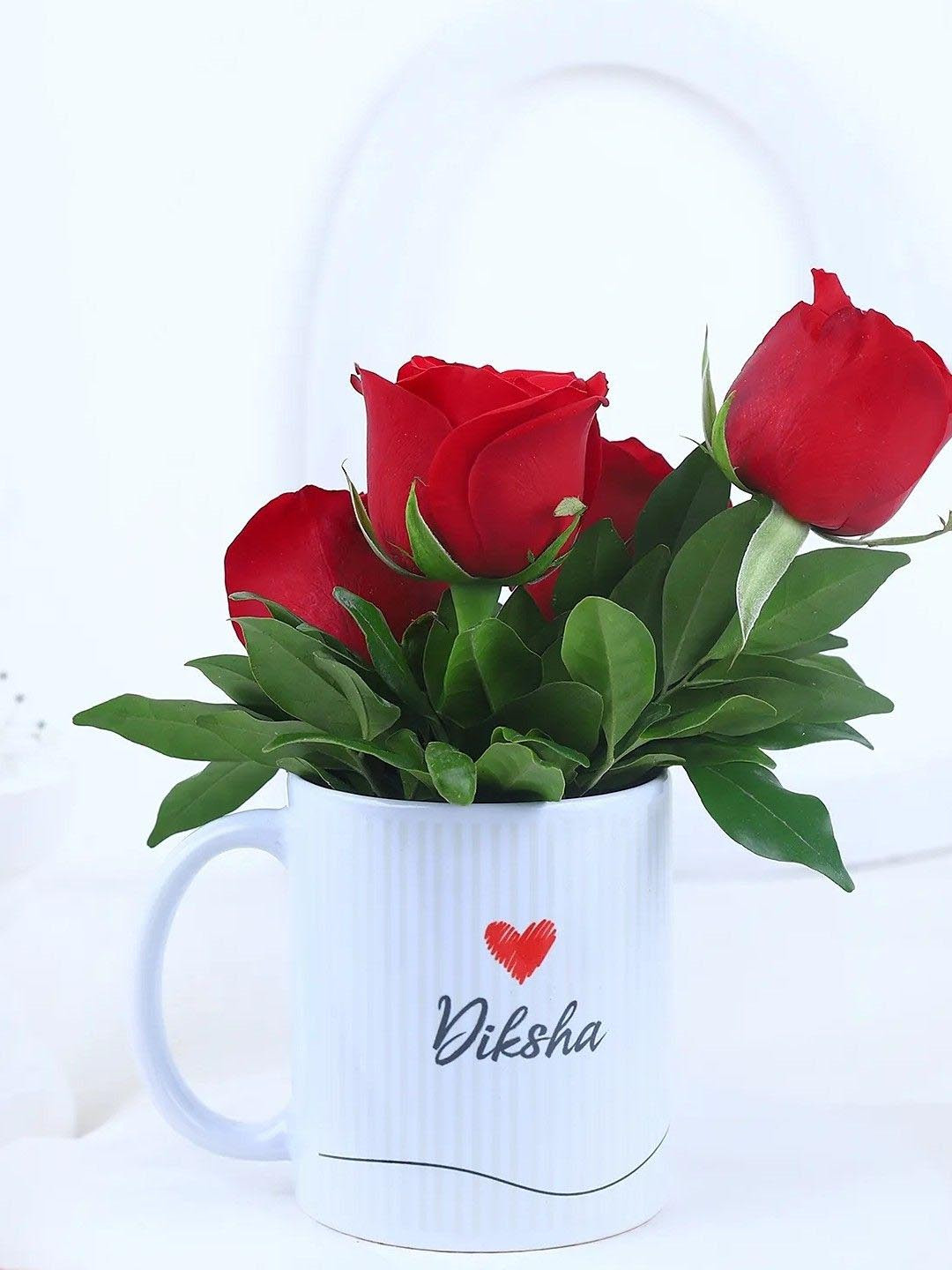 fnp Red & Green 4Pieces Roses Fresh Flowers Mug