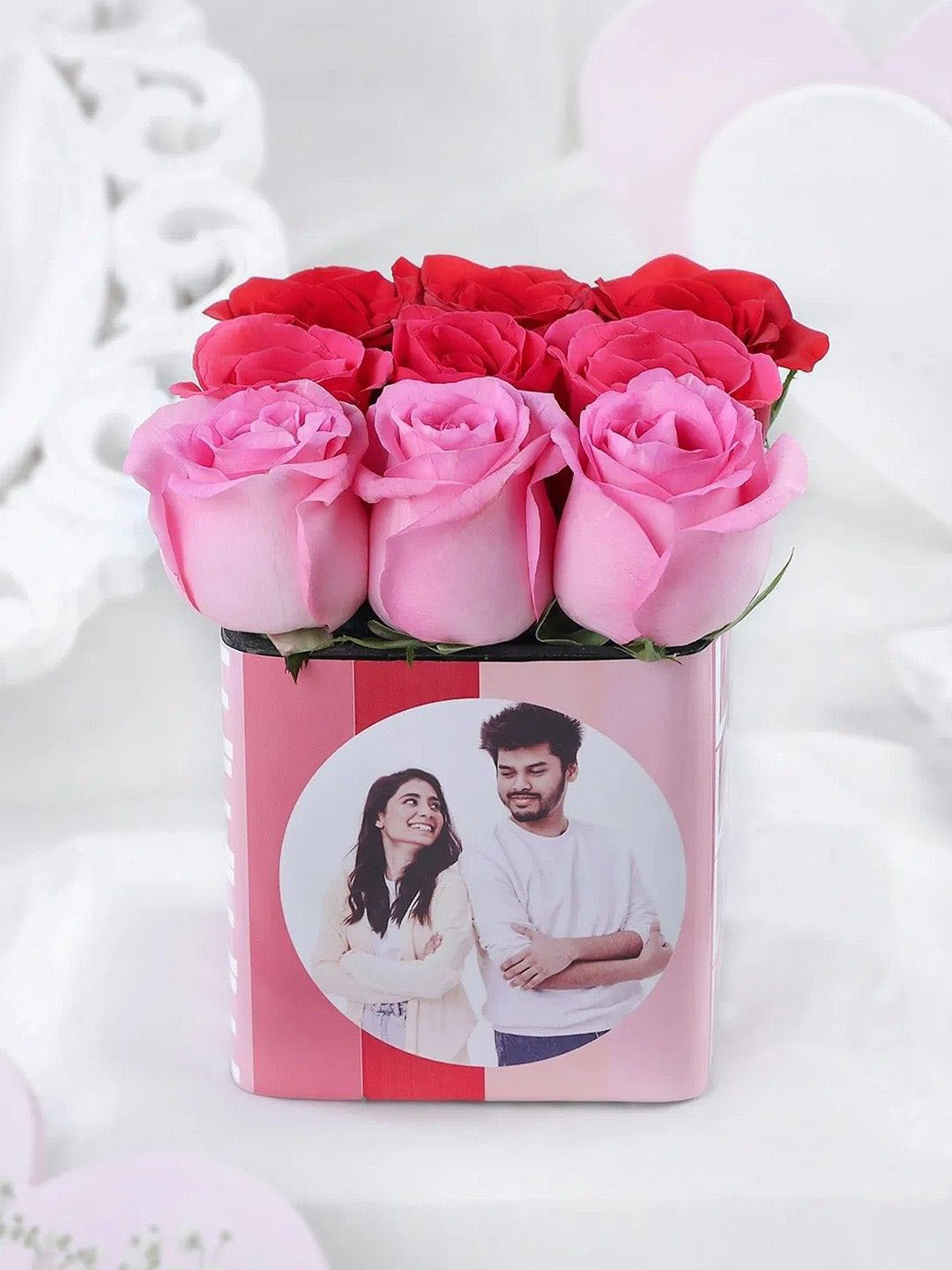 fnp Pink & Red 9Pieces Roses Fresh Flowers Vase