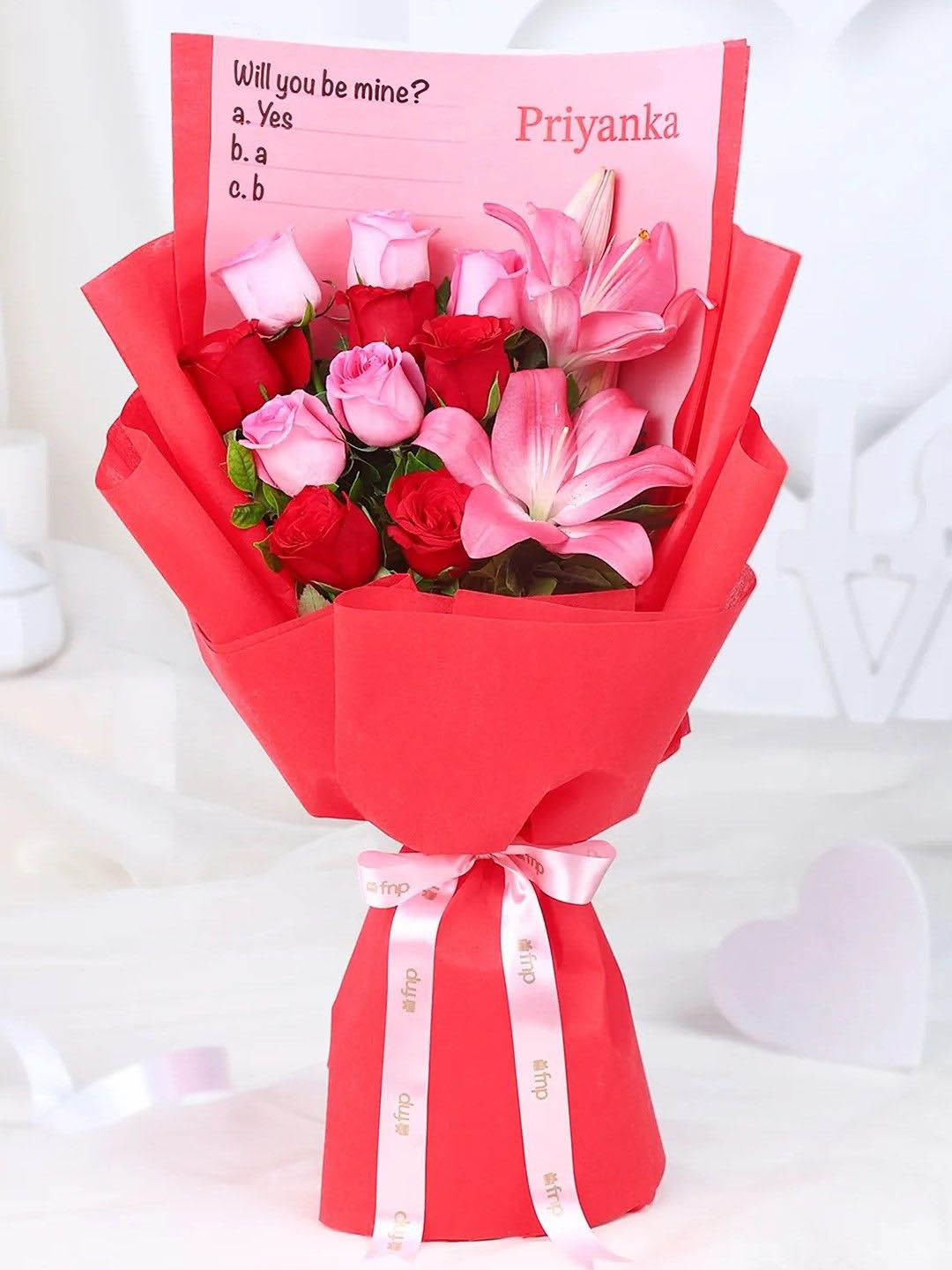 fnp Red & Pink 12 Pieces Roses & Lilies Mixed Fresh Flowers Bouquet