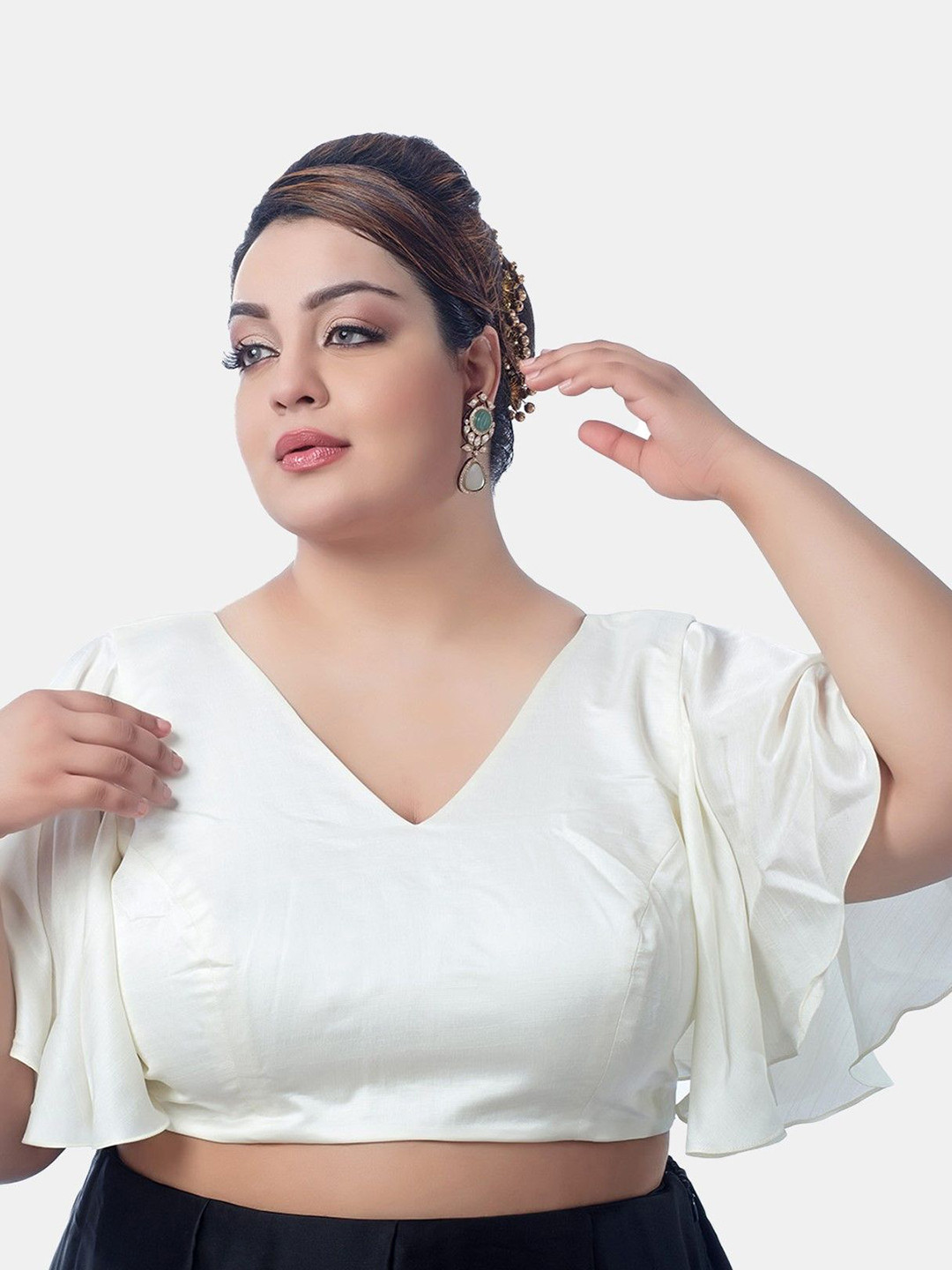 Biyu Ruffle Sleeve V-Neck Silk Readymade Saree blouse