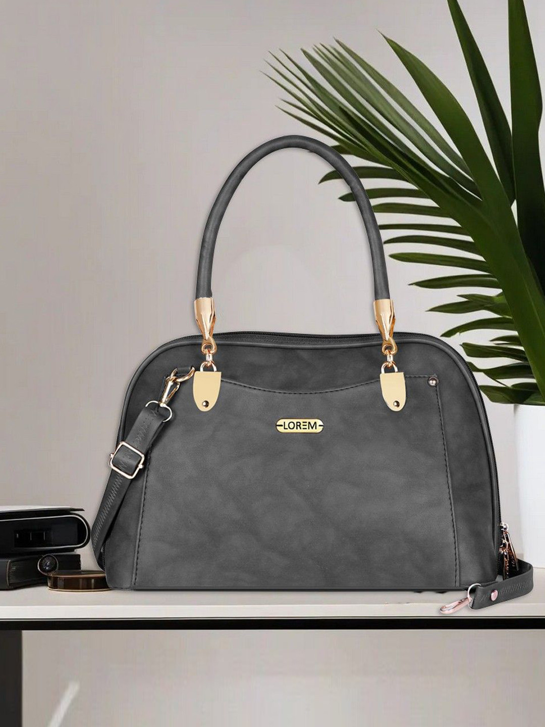 LOREM Women Embellished Grey Faux Leather Handbag