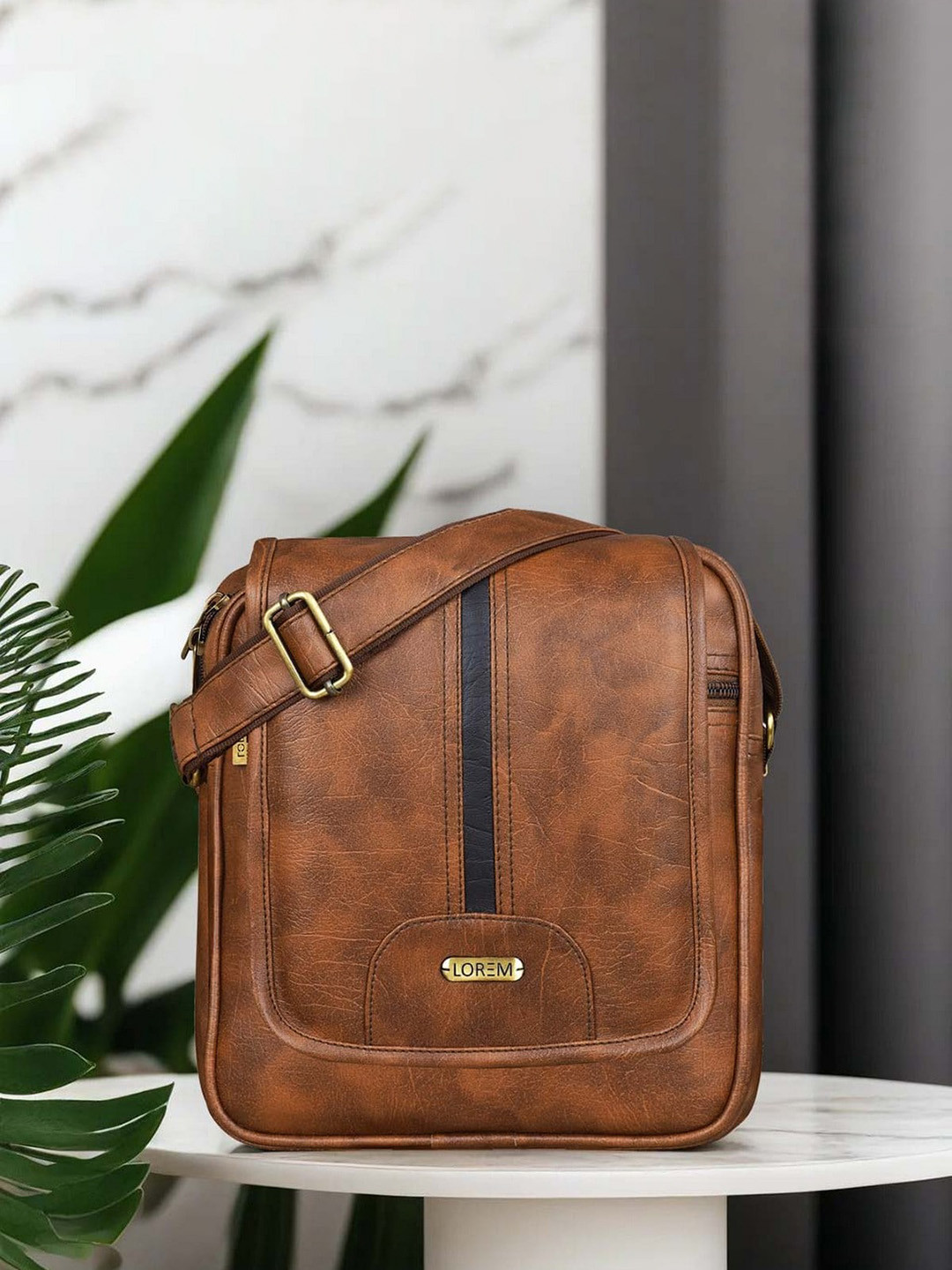 LOREM Men Tan Casual Faux Leather Cross Body Sling Bag