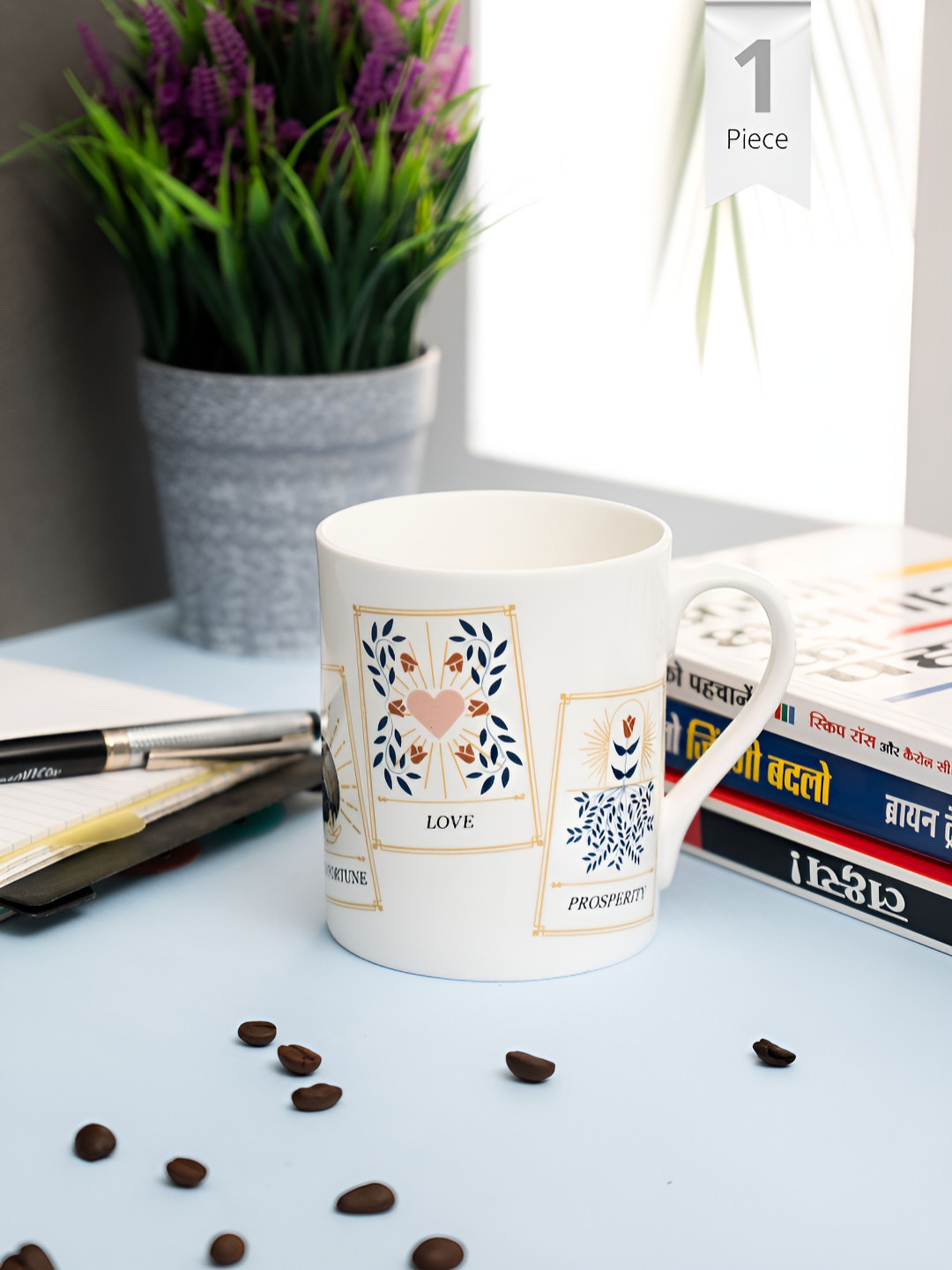 CLAY CRAFT Linea White Ethnic Motifs Ceramic Microwave Safe Mug-350ml