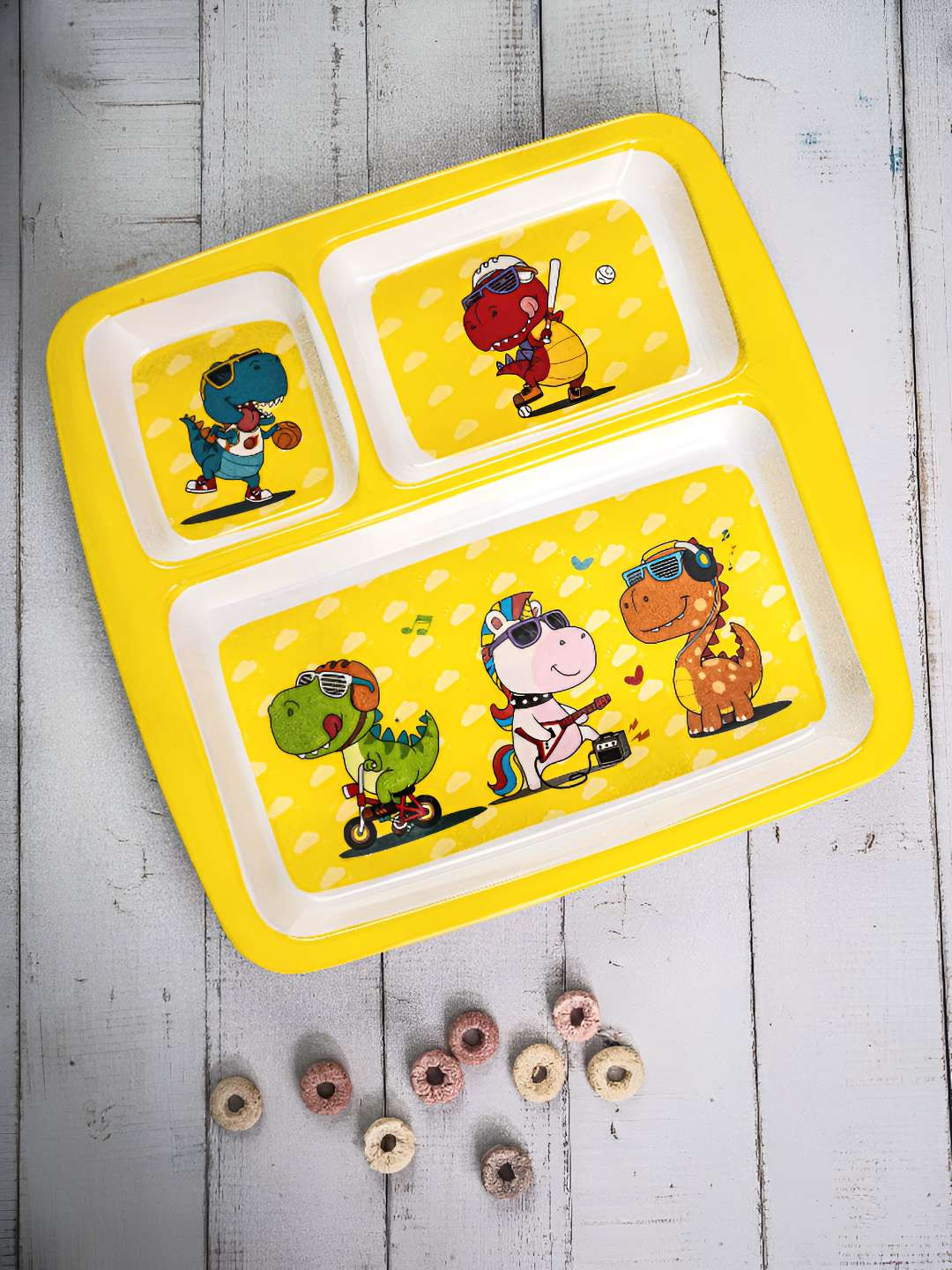 Stehlen White & Yellow Printed Melamine Dishwasher Safe Partition Plate