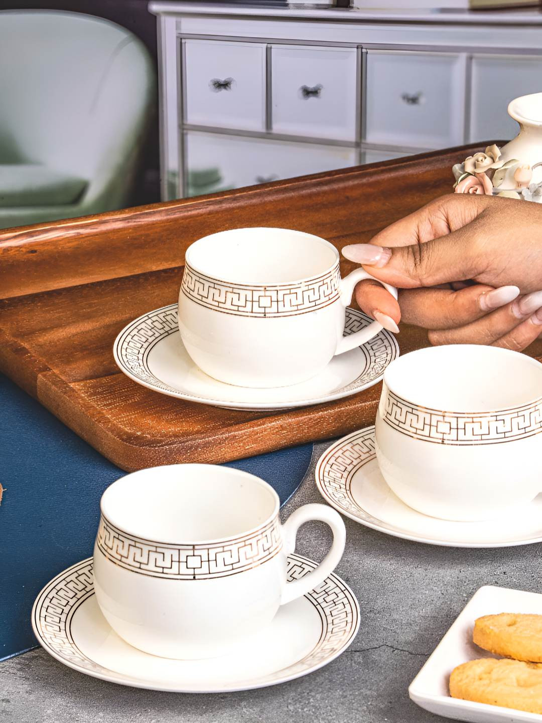 White Gold White & Gold Toned 12 Pieces Printed Dishwasher Safe Glossy Cup & Saucers
