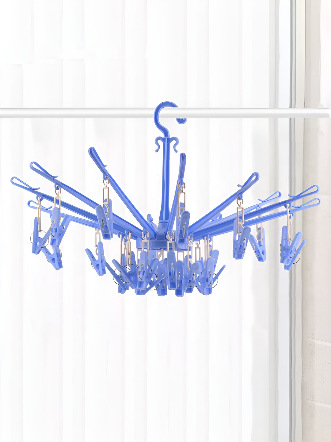 Kuber Industries Blue Folding Cloth Drying Hanger With 24 clips