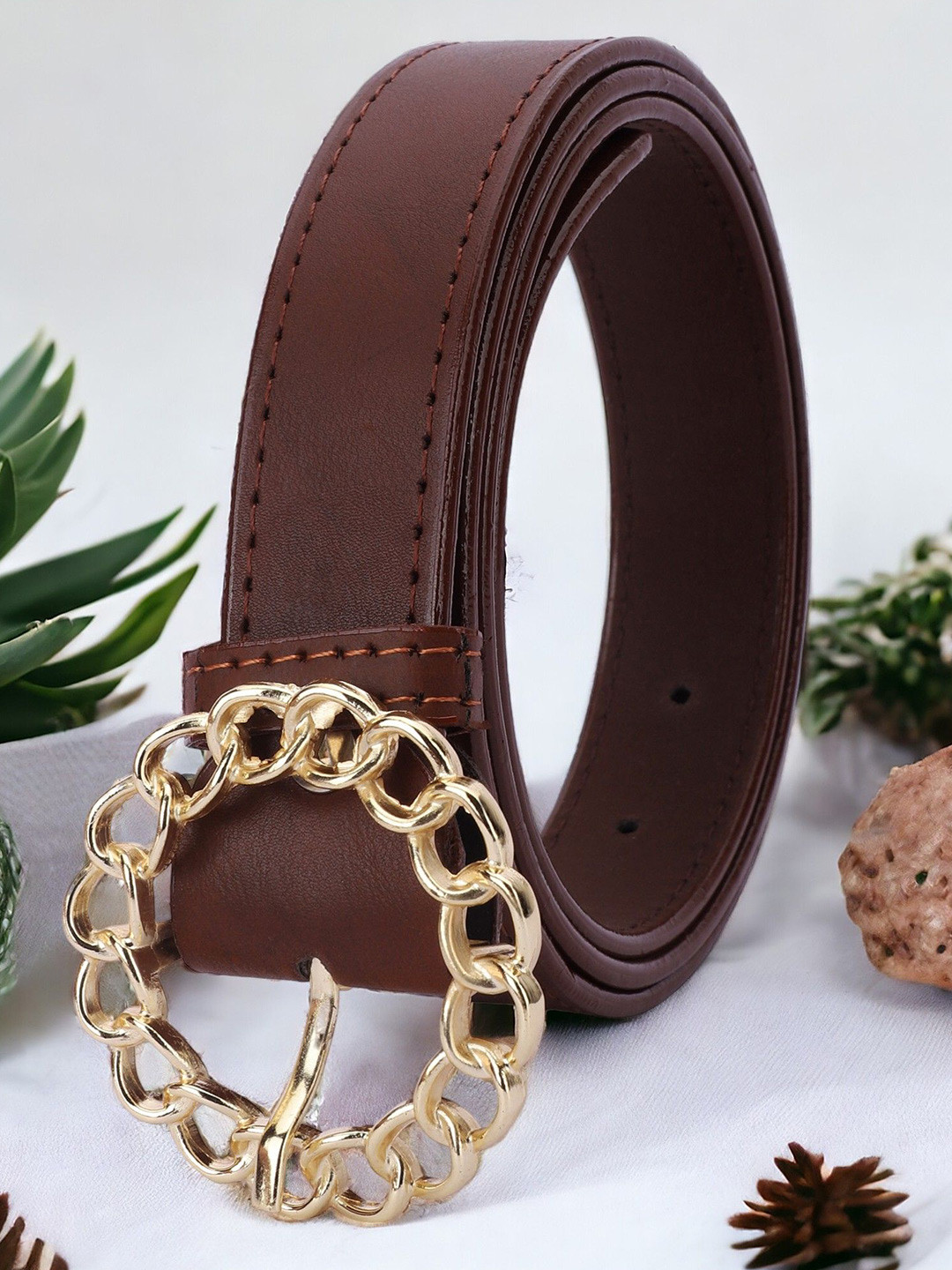 DressBerry Women Tan Formal Synthetic Leather Tang Closure Belt