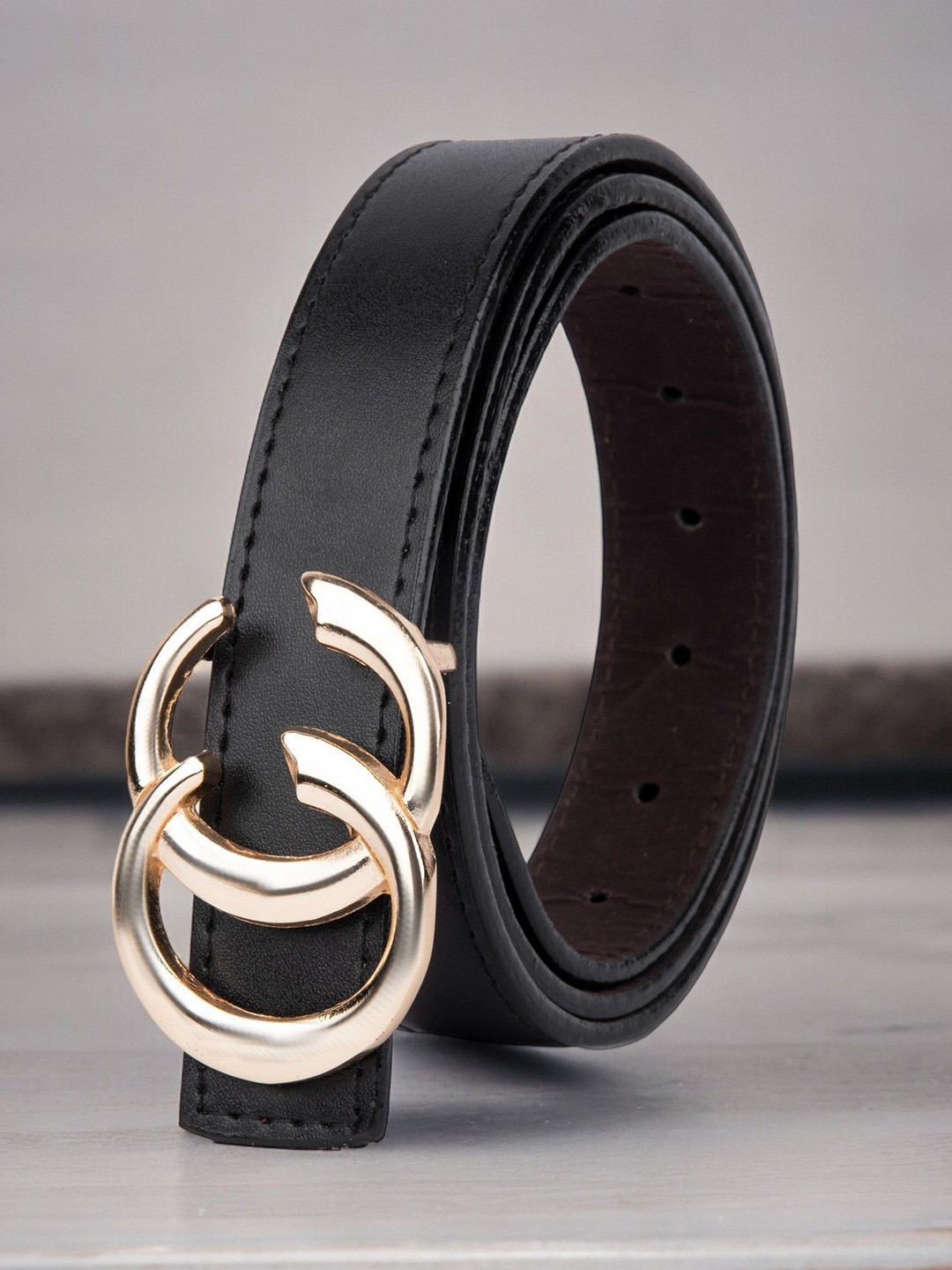 DressBerry Women Black Synthetic Leather Formal Push Pin Belt