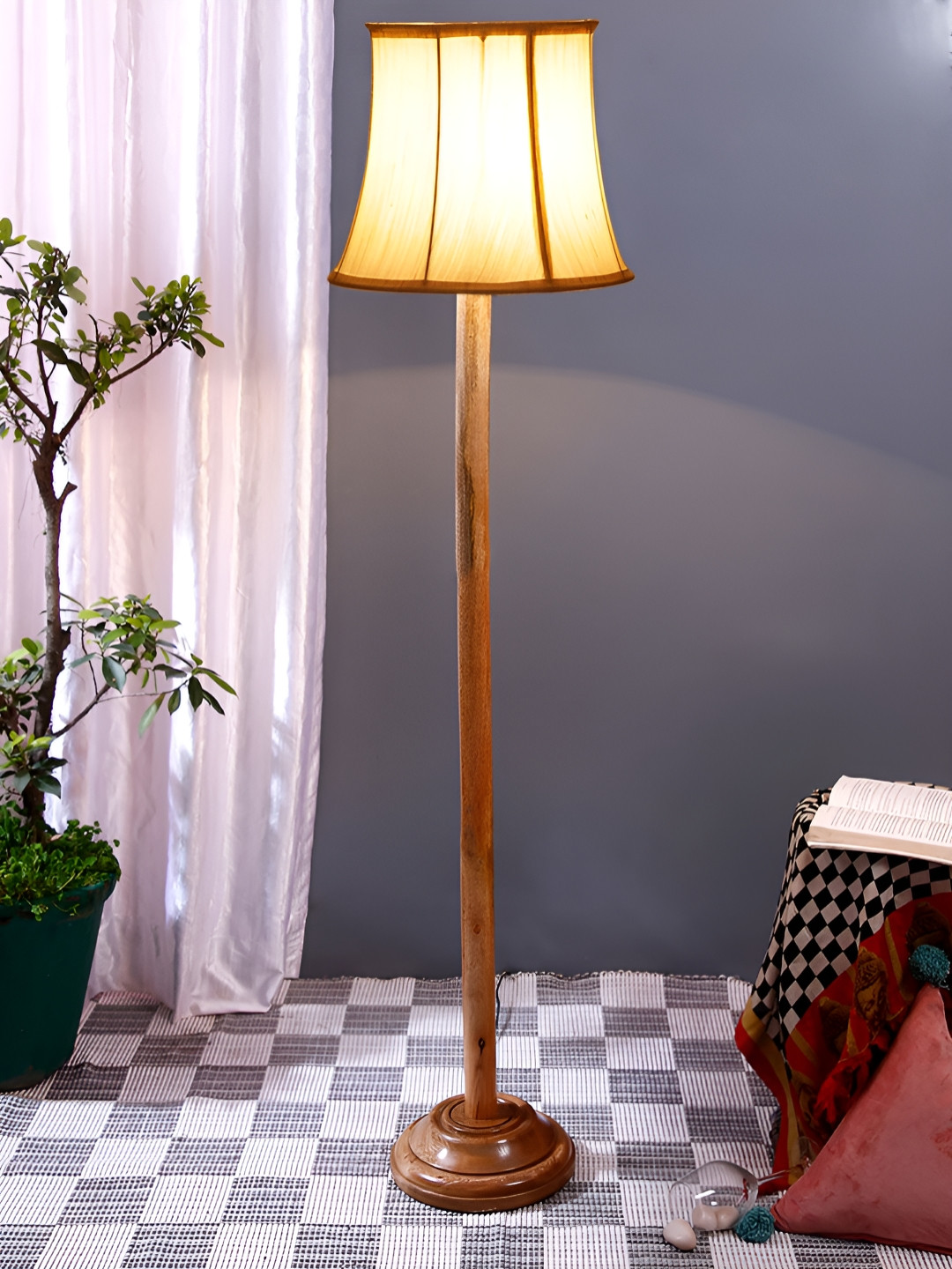 Devansh Brown & White Wooden Floor Lamp With Shade