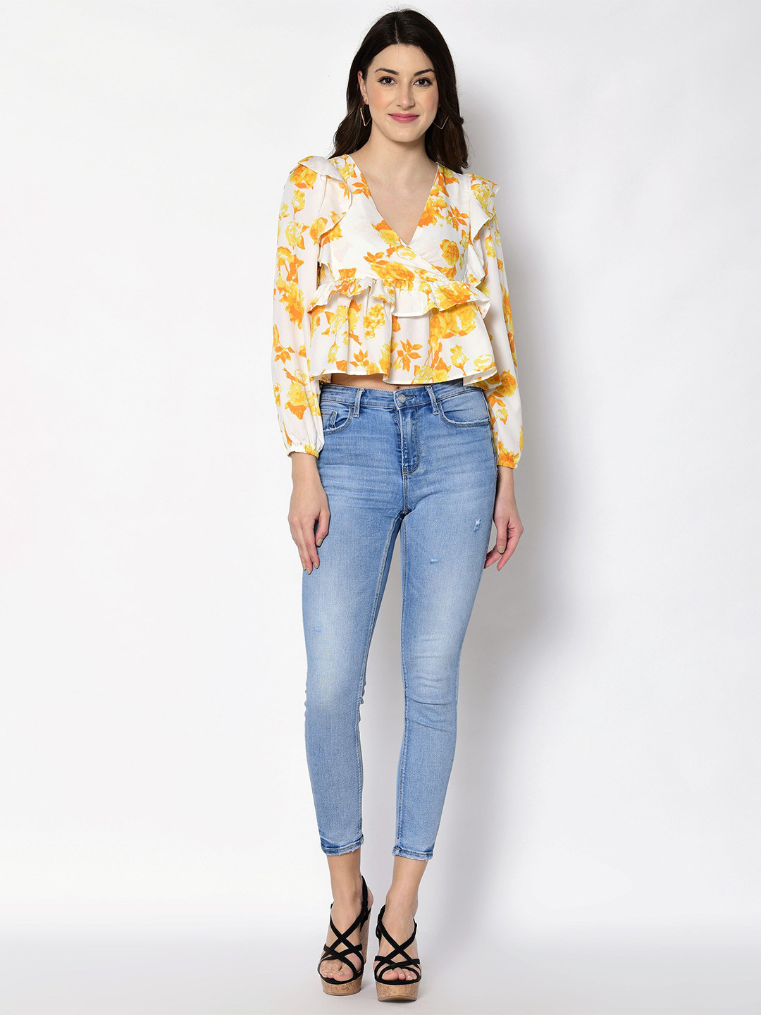 Fuchsia  Floral Printed V-Neck Ruffle Crop Top