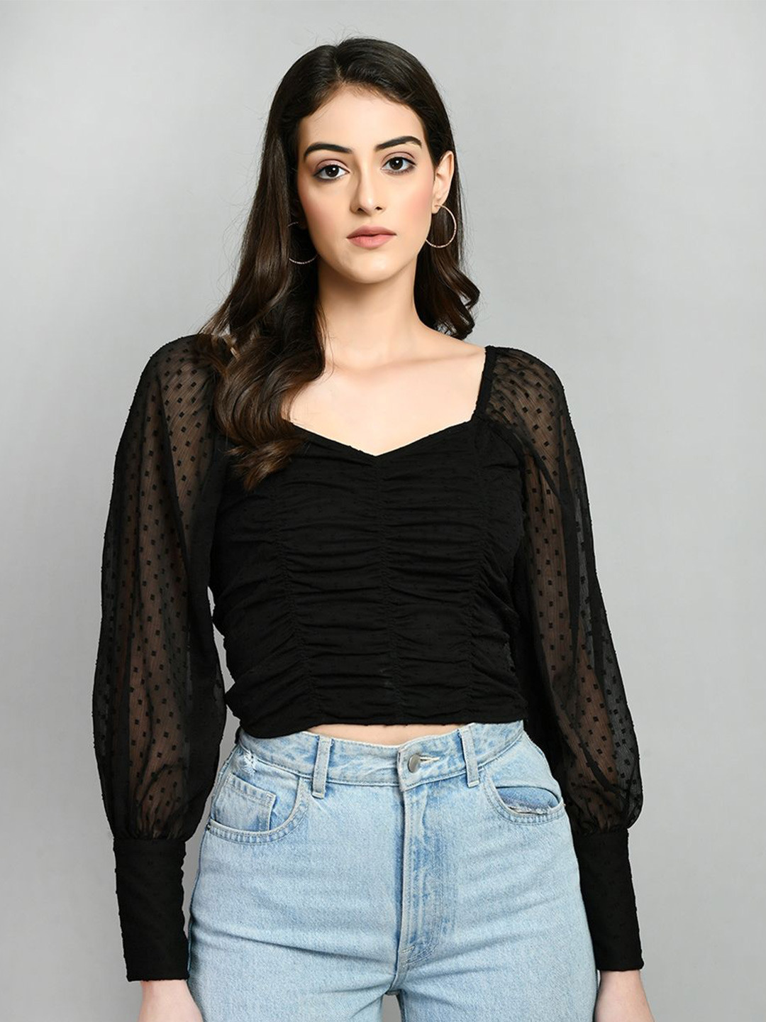 Fuchsia  Sweetheart Neck Self Design Crop Top