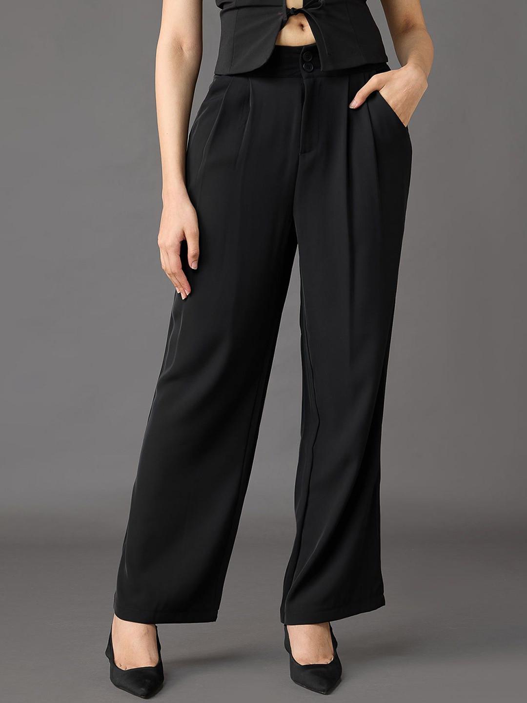 FREAKINS Midnight Black Korean Pleated Pants