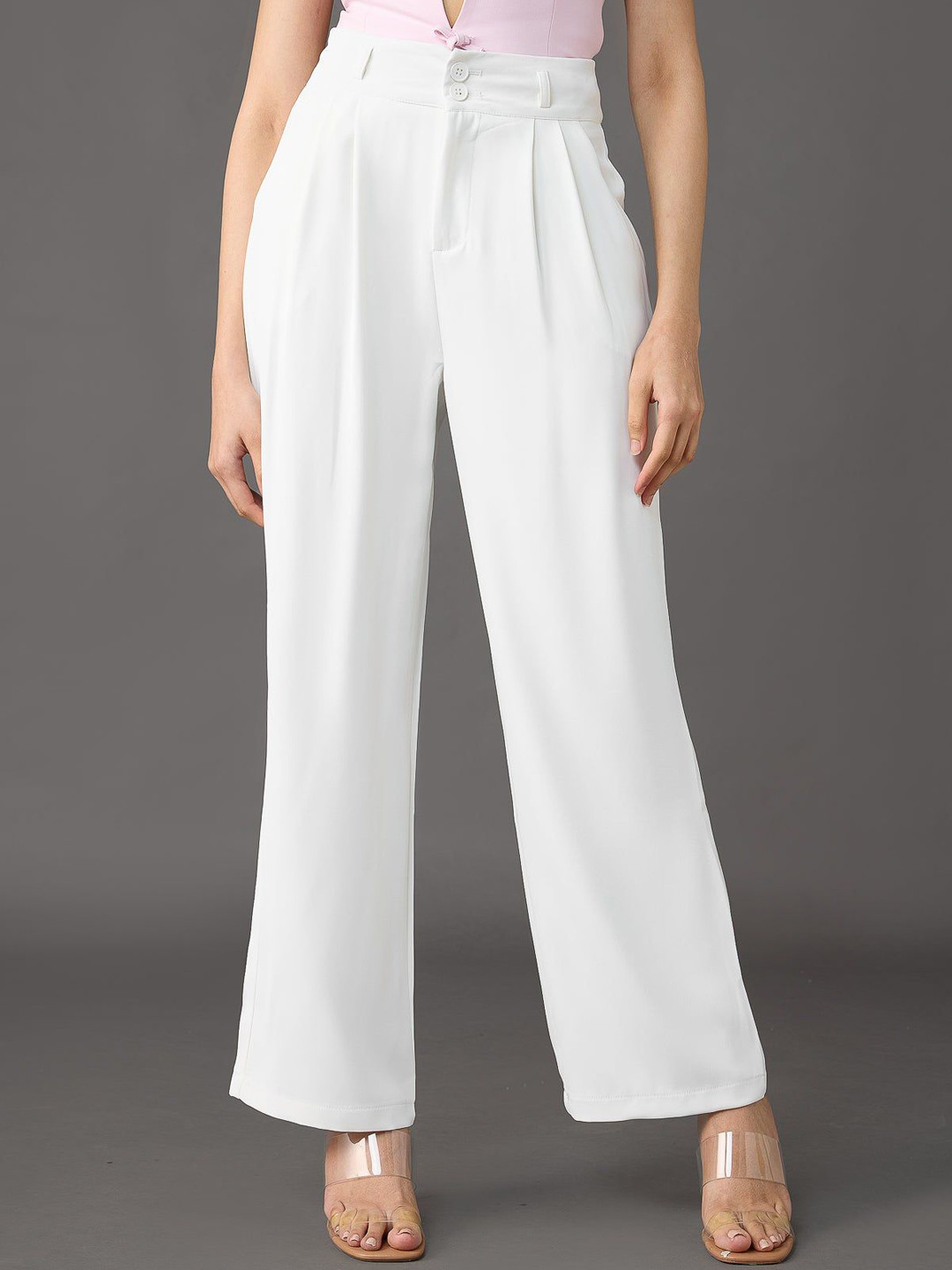 FREAKINS Classic Pleated Wide Leg Korean Pants - White