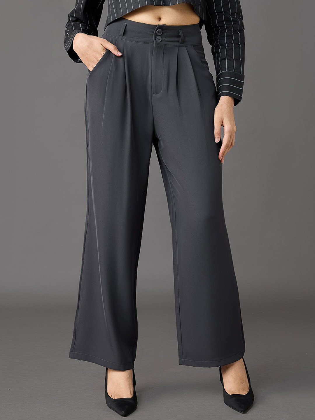 FREAKINS Charcoal Grey Korean Pleated Pants
