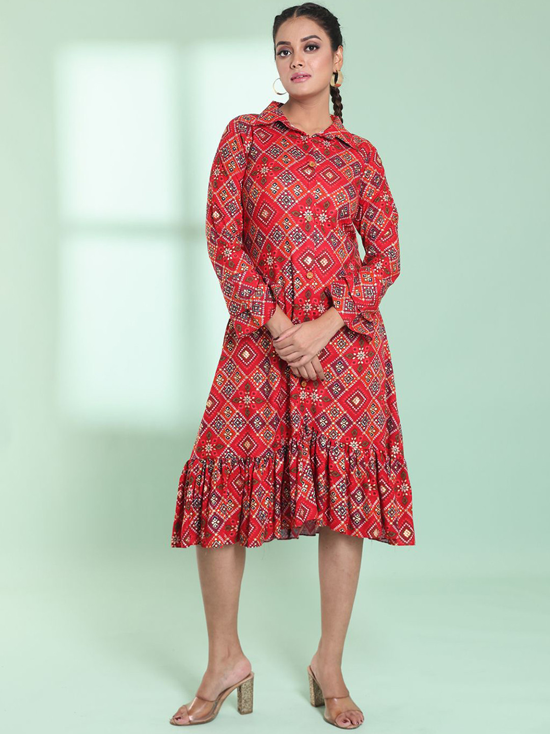 Charukriti Bandhani Printed A-Line Knee-Length Dress
