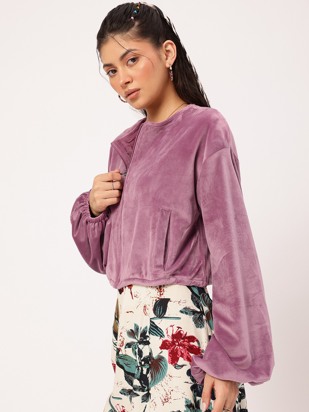 DressBerry Velour Finish Mock Collar Puff Sleeves Crop Jacket