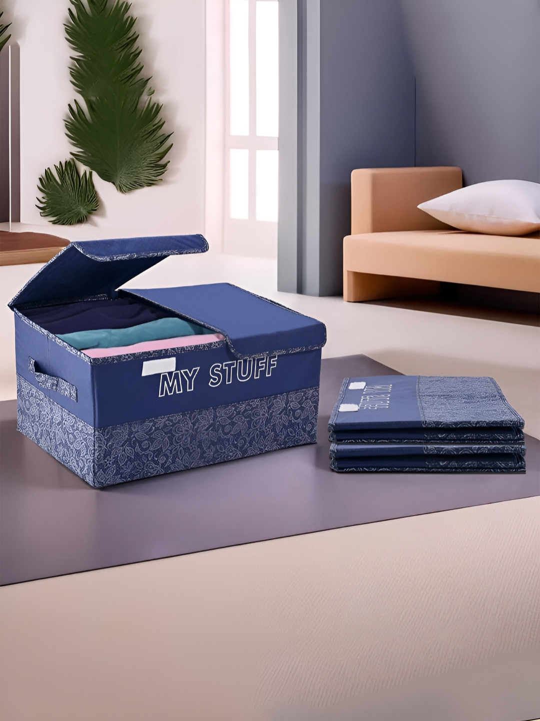 Kuber Industries Navy Blue 3 Pieces Double Lid Large Compartments Wardrobe Organizer