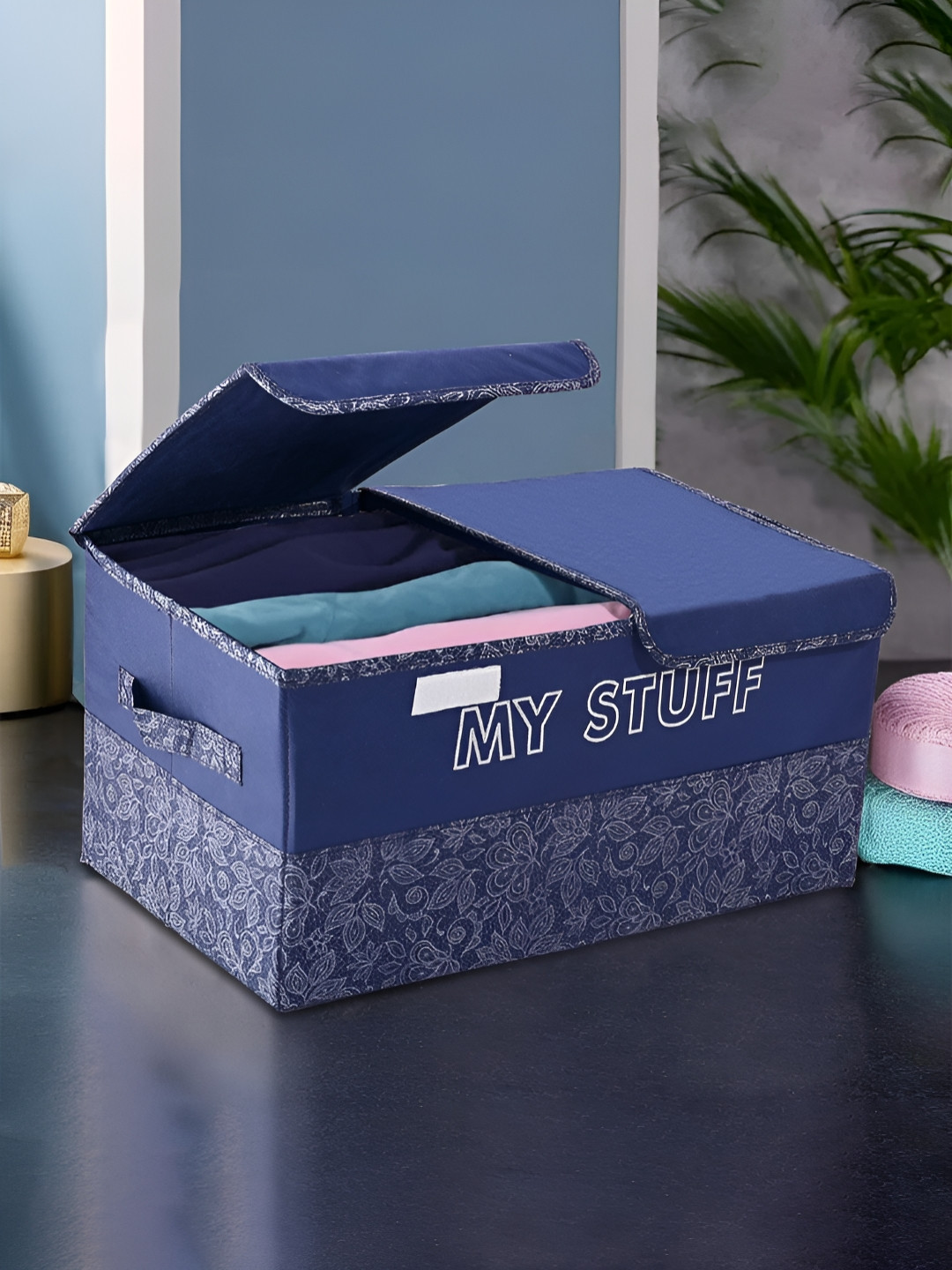 Kuber Industries Navy Blue 2 Compartments Foldable Double Lid Large Wardrobe Organizer