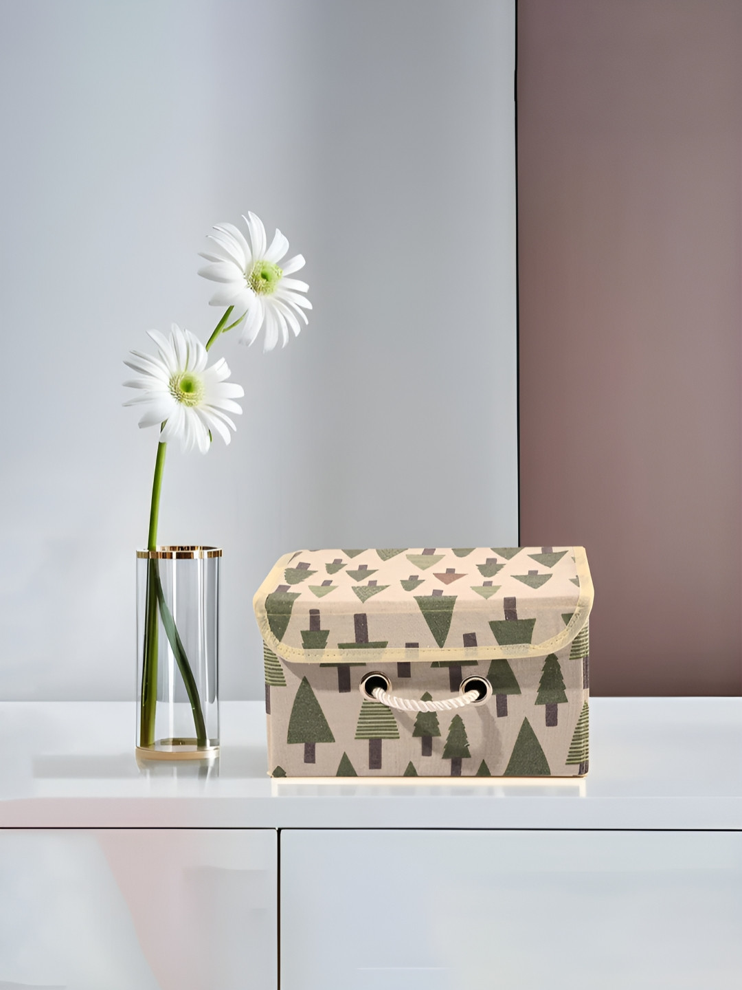 Kuber Industries Cream-Coloured & Green Tree-Printed Foldable Cotton Drawer Organizer